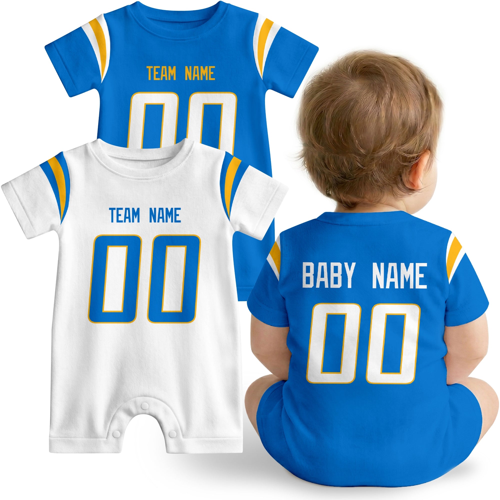 Baby wearing custom football-style onesie in Blue, White, and Gold with personalized name and number
