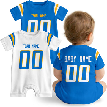 Baby wearing custom football-style onesie in Blue, White, and Gold with personalized name and number