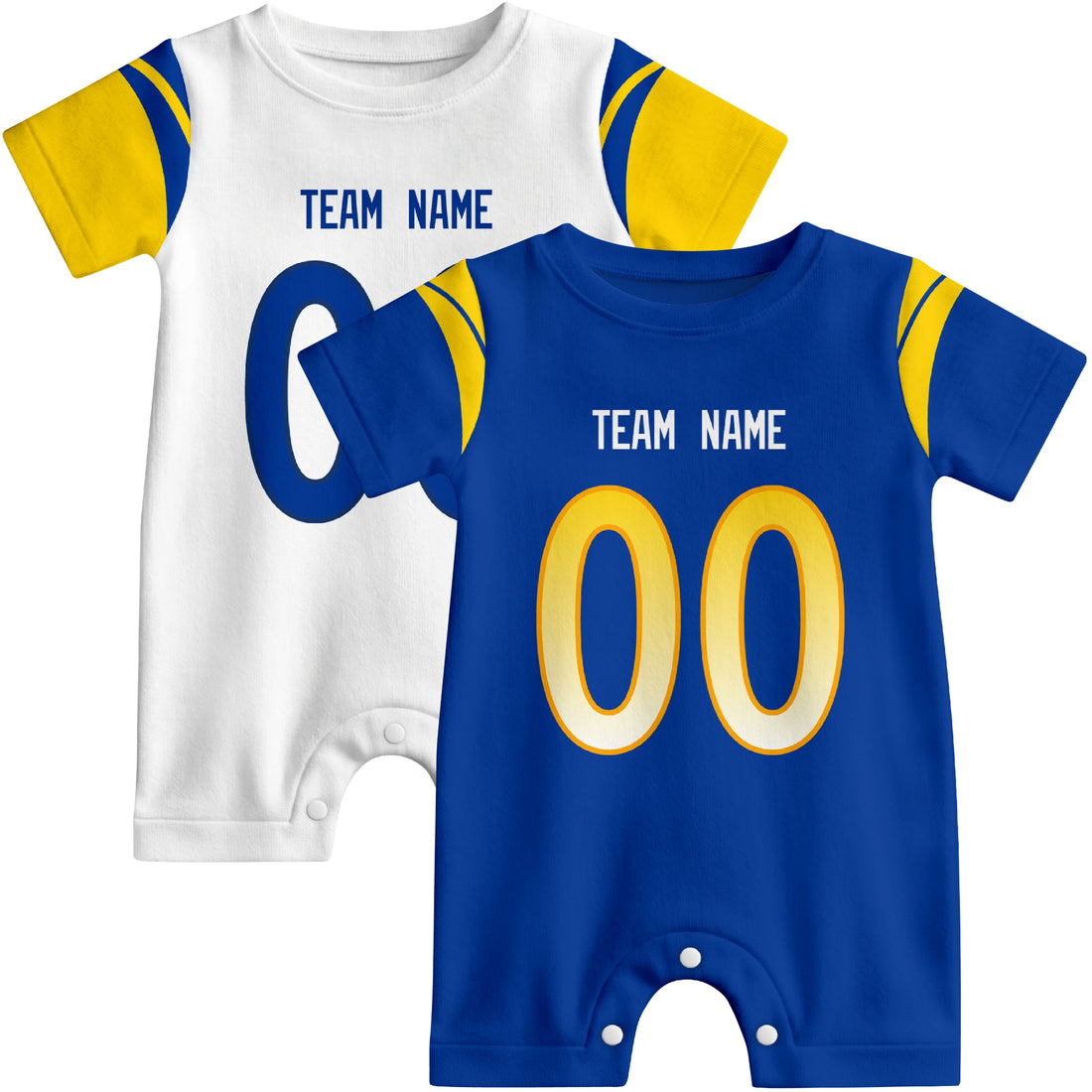 Baby wearing custom football-style onesie in Royal, White, and Gold with personalized name and number