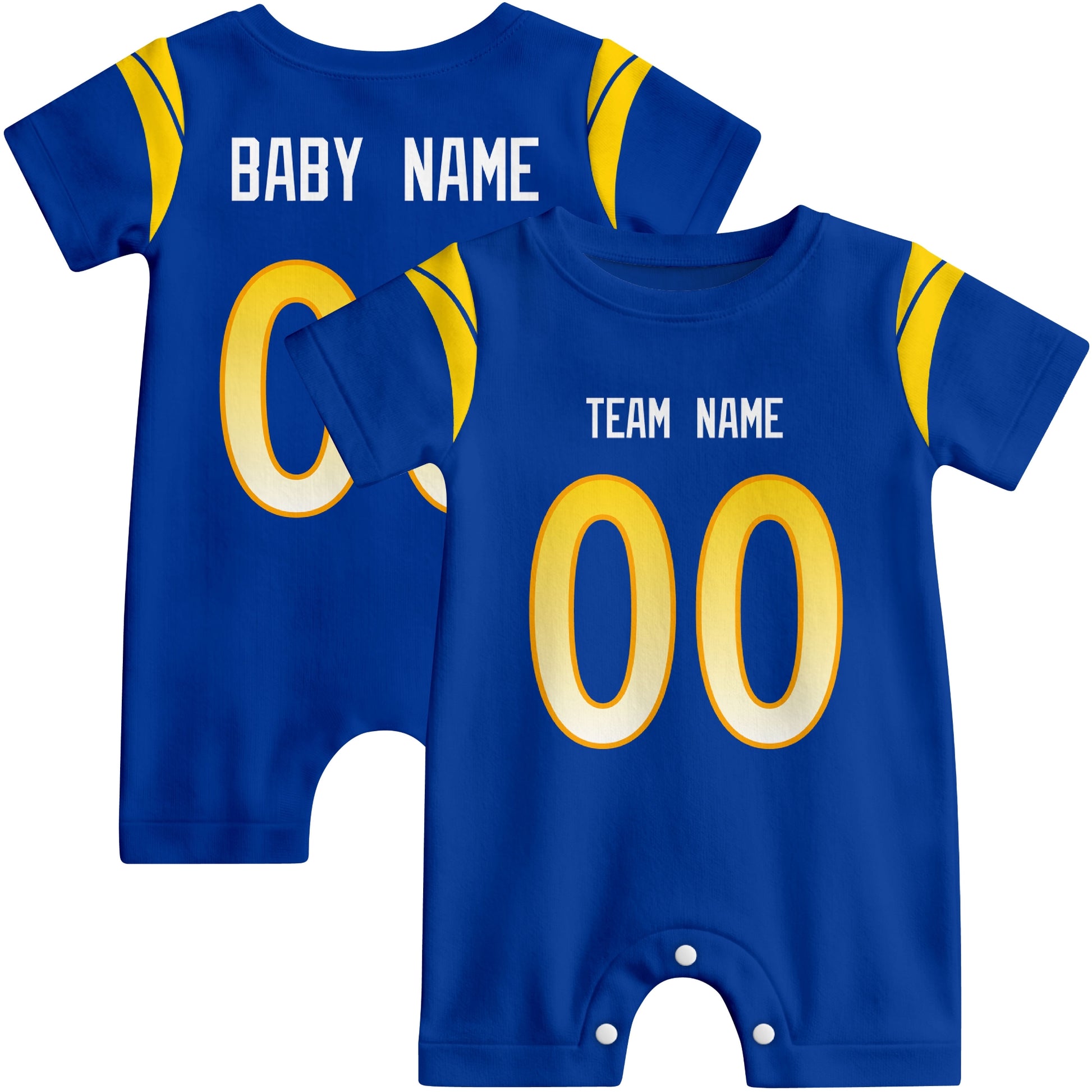 Front and back views of custom football-style baby onesie in Royal and White colors with personalized details