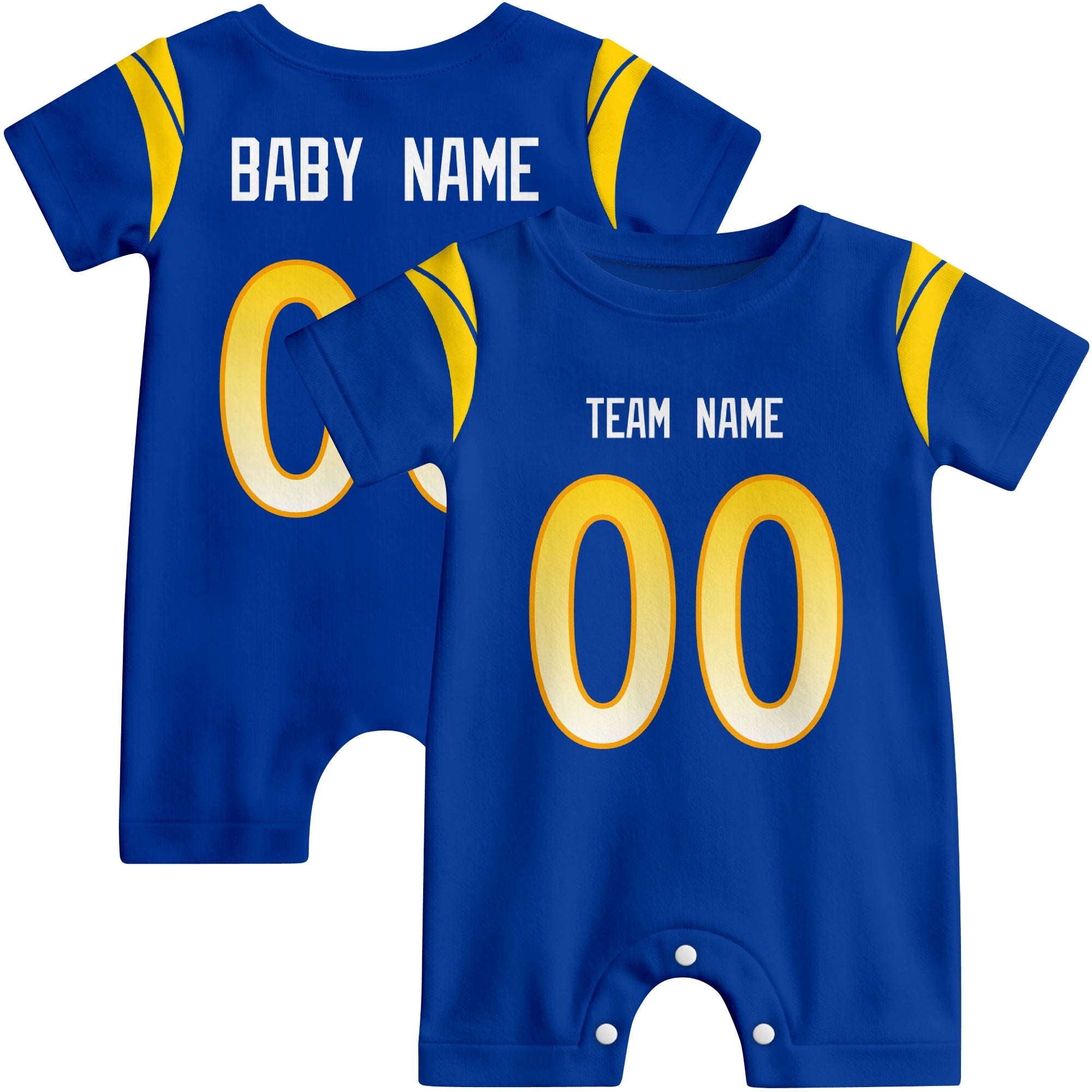 Front and back views of custom football-style baby onesie in Royal and White colors with personalized details