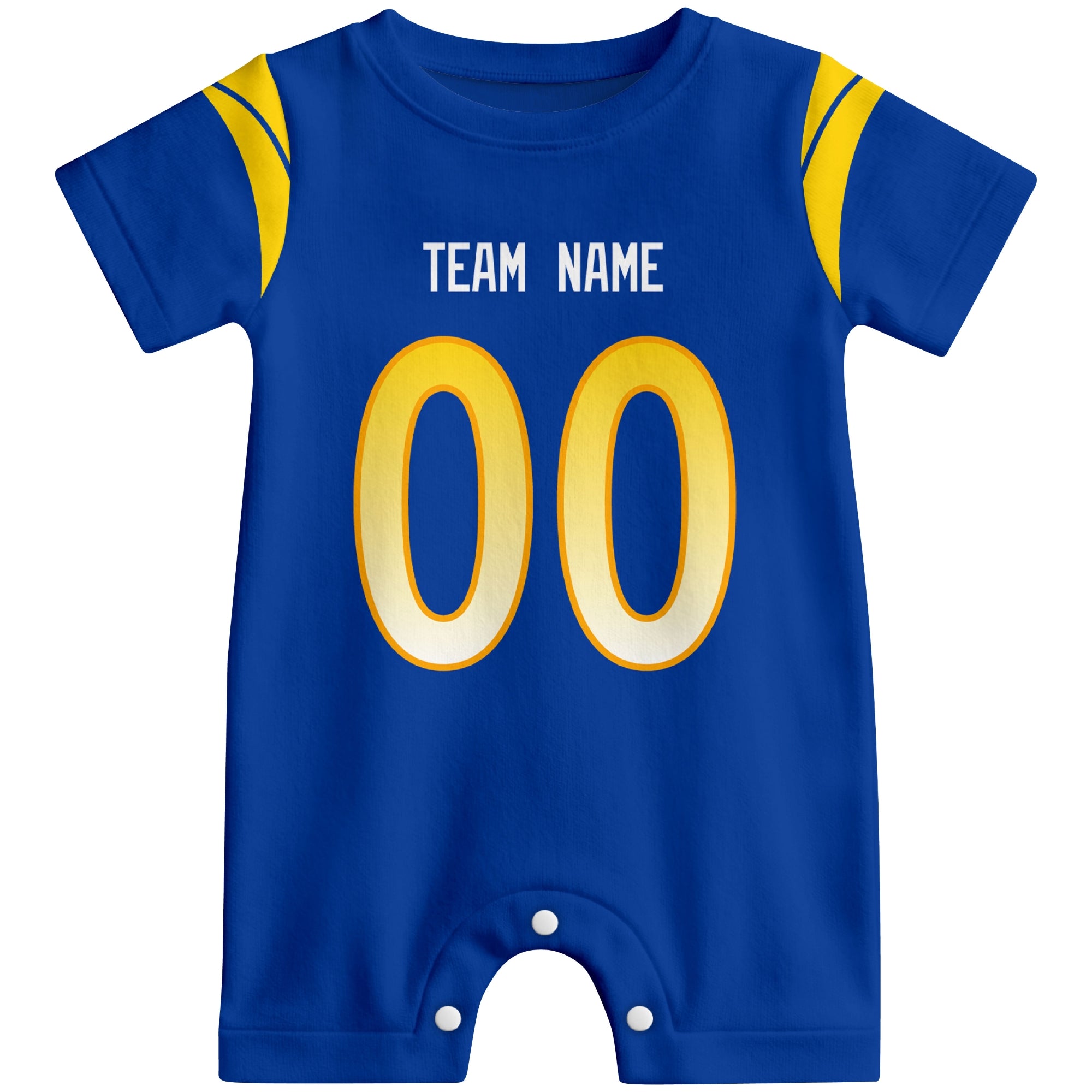 Front view of custom football-style baby onesie in Royal personalized with team name and number