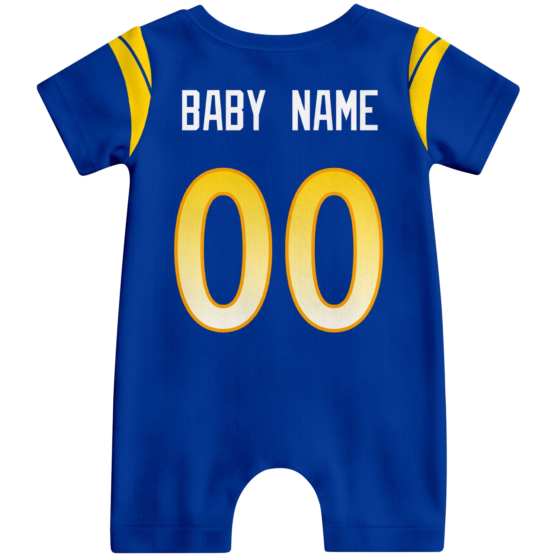 Back view of custom football-style baby onesie in Royal personalized with baby name and number