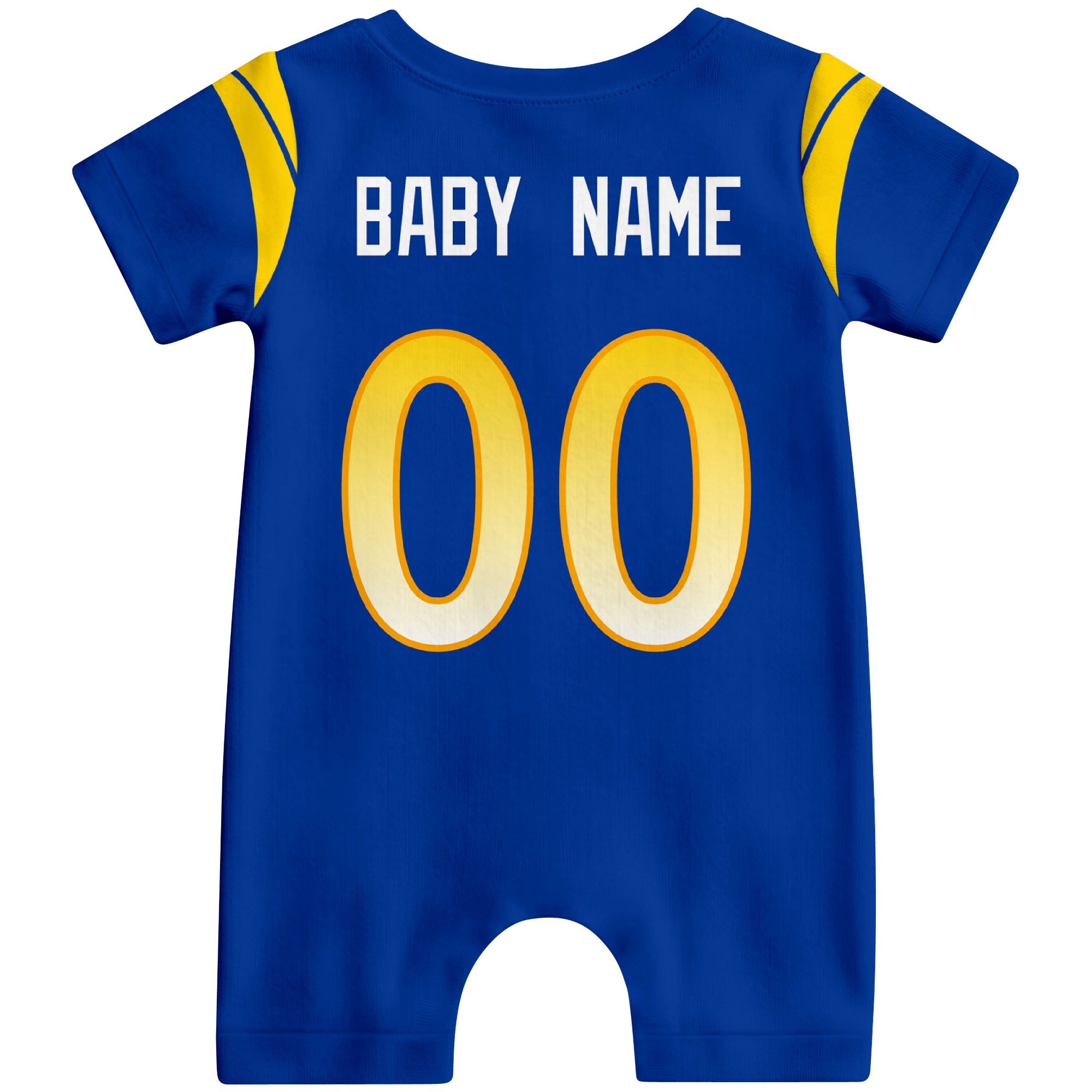 Back view of custom football-style baby onesie in Royal personalized with baby name and number