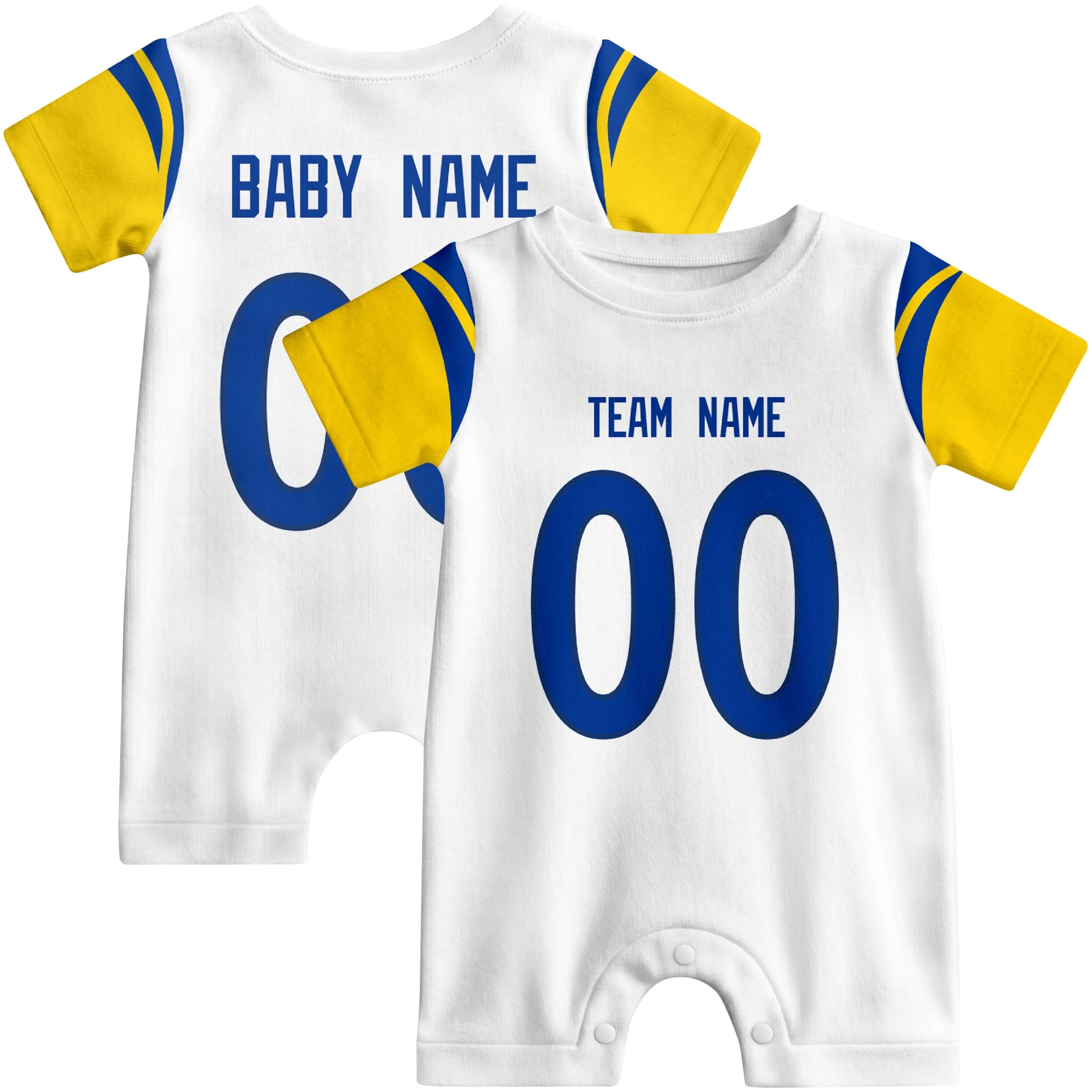 Front and back views of custom football-style baby onesie in White and Royal colors with personalized details