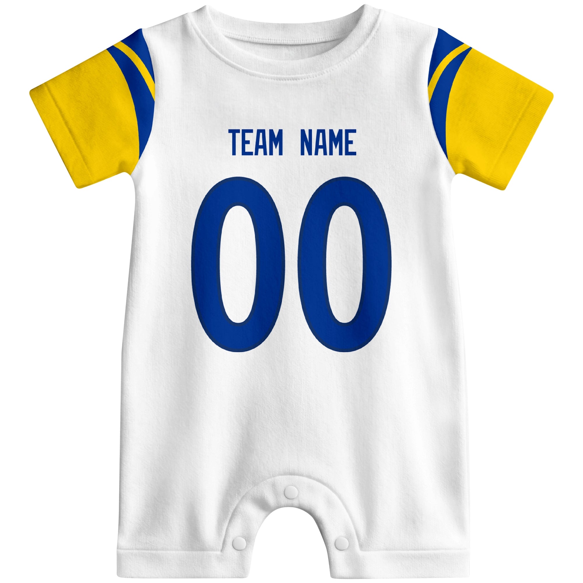 Front view of custom football-style baby onesie in White personalized with name and number