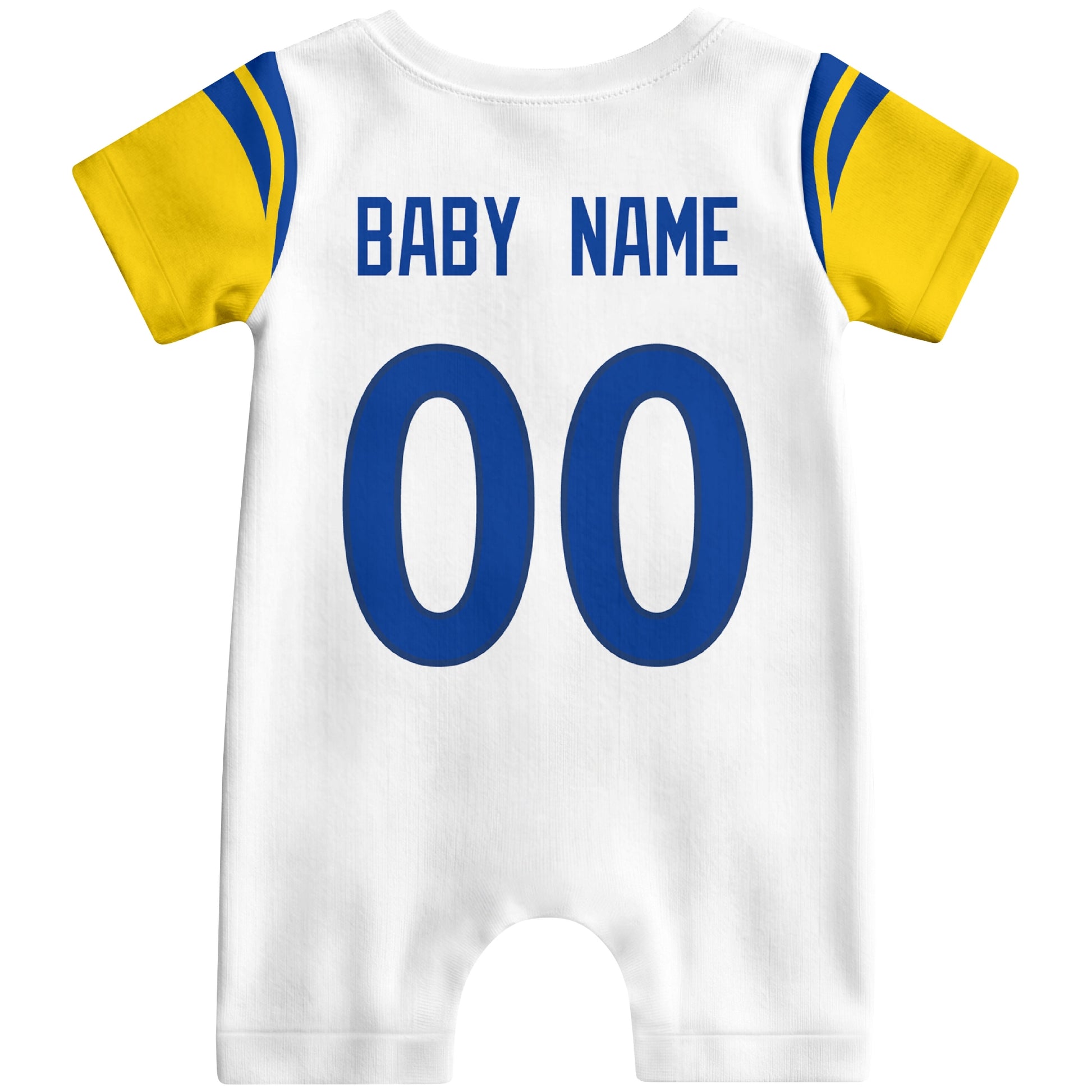 Back view of custom football-style baby onesie in White personalized with name and number
