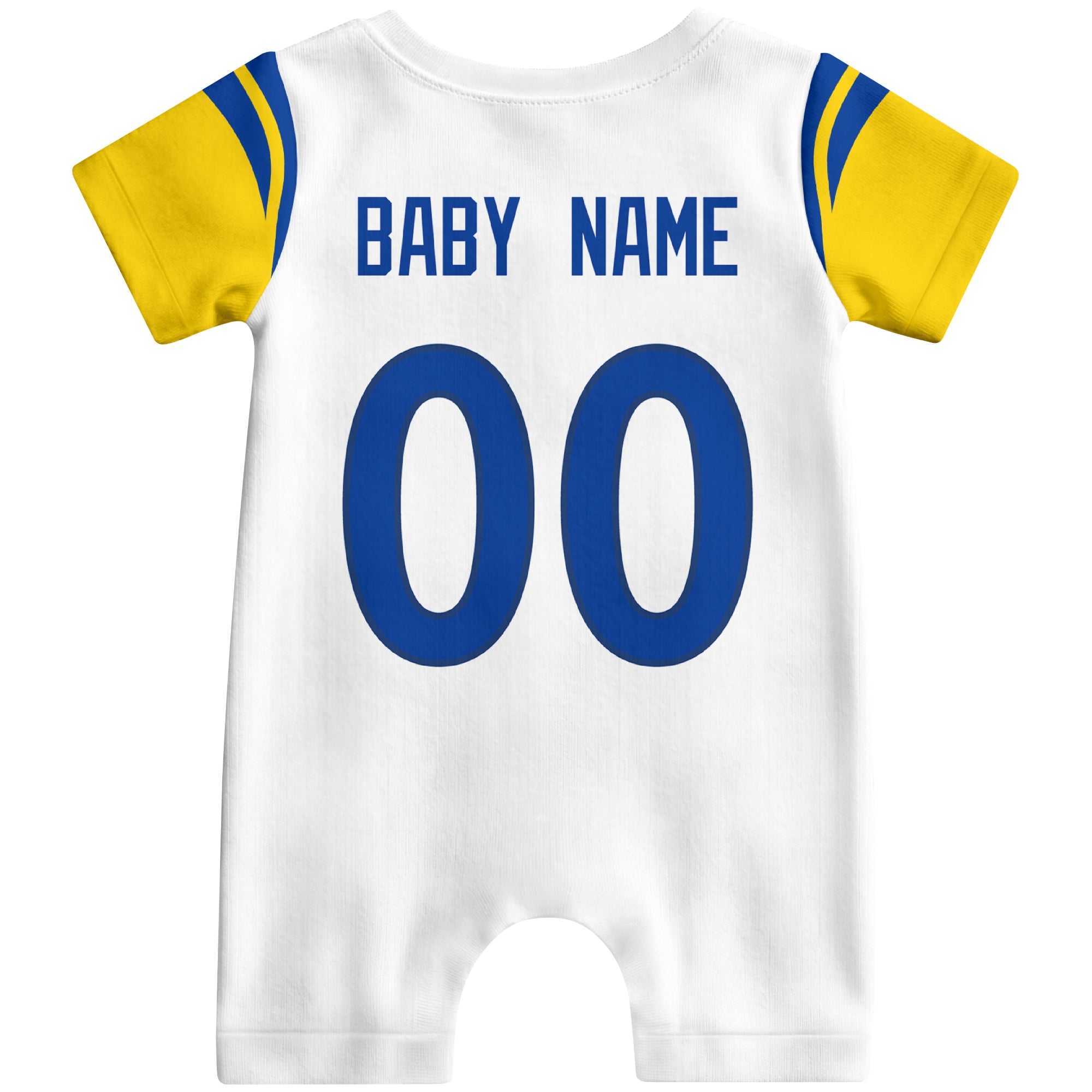 Back view of custom football-style baby onesie in White personalized with name and number