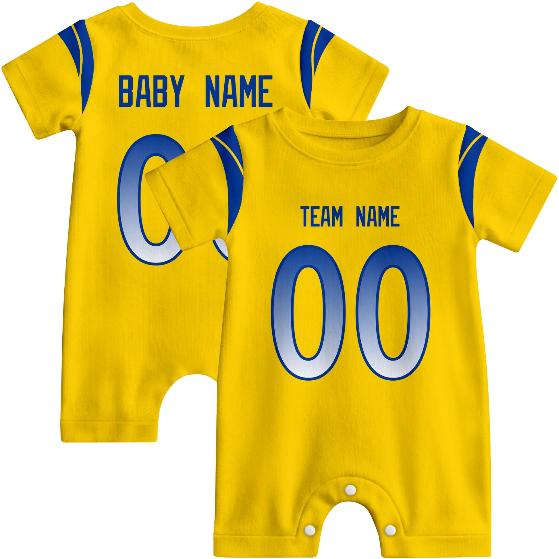 Front and back views of custom football-style baby onesie in Gold and Royal colors with personalized details