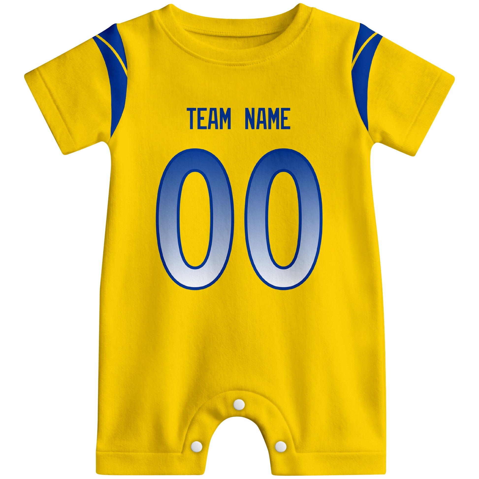 Front view of custom football-style baby onesie in Gold personalized with name and number