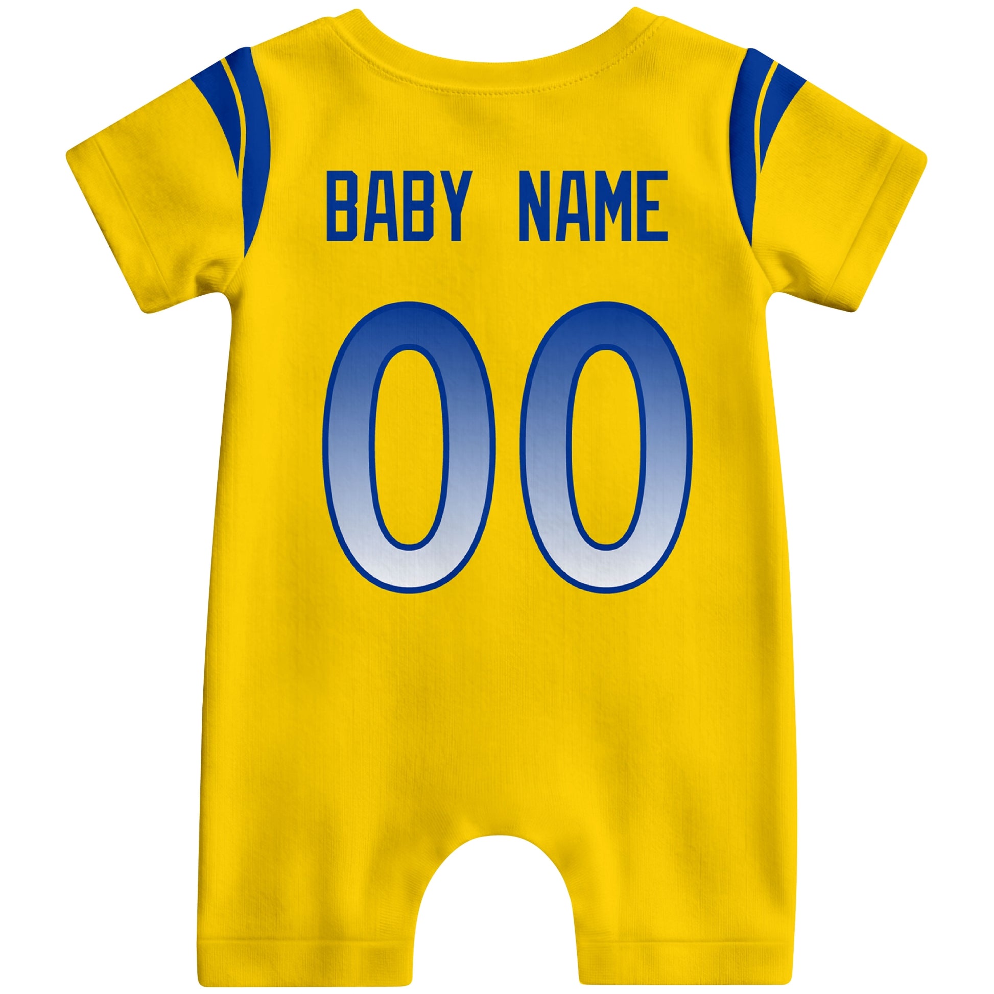 Back view of custom football-style baby onesie in Gold personalized with name and number