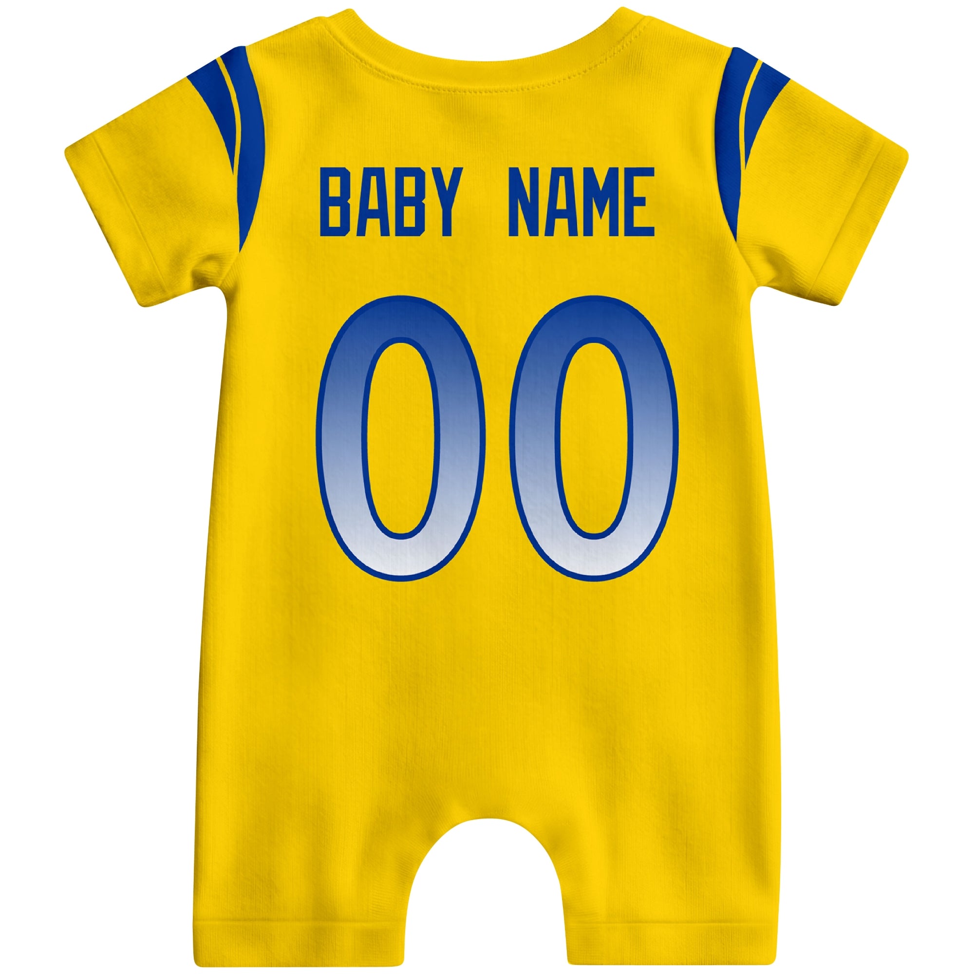 Back view of custom football-style baby onesie in Gold personalized with name and number