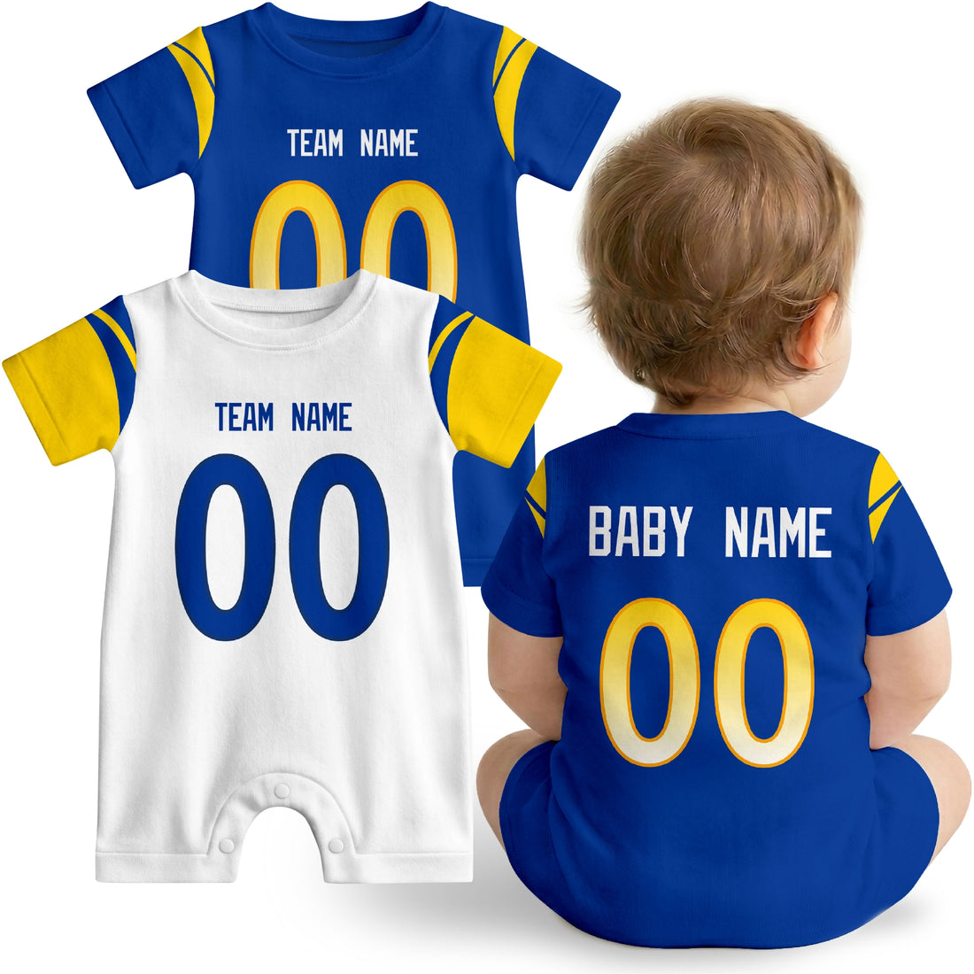 Baby wearing custom football-style onesie in Royal, White, and Gold with personalized name and number