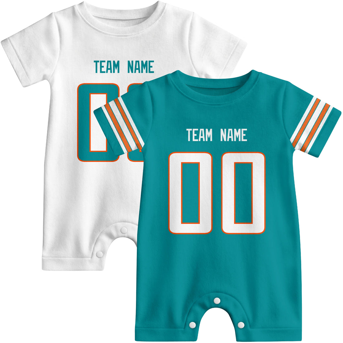 Baby wearing custom football-style onesie in Aqua, White, and Orange with personalized name and number
