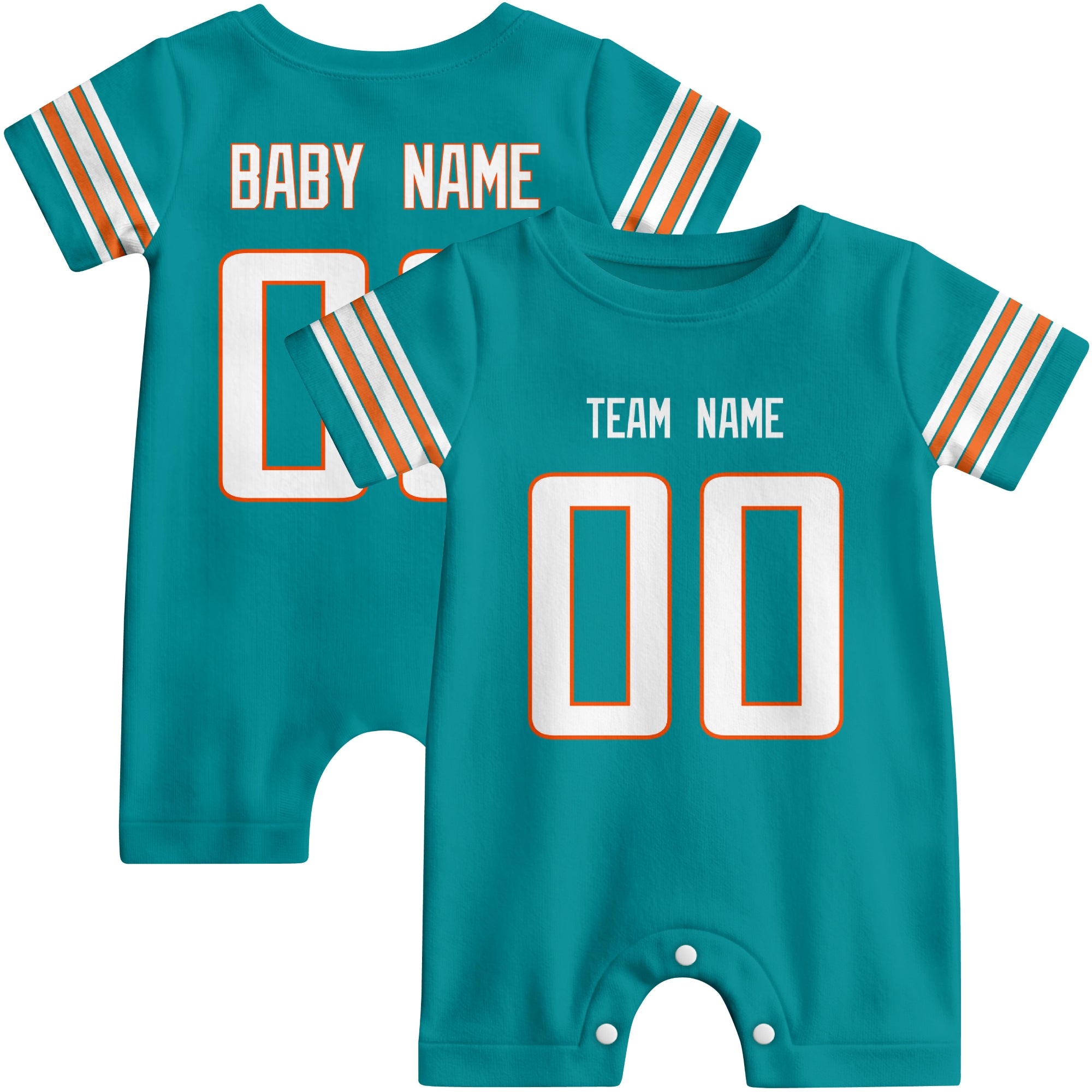 Front and back views of custom football-style baby onesie in Aqua and White colors with personalized details