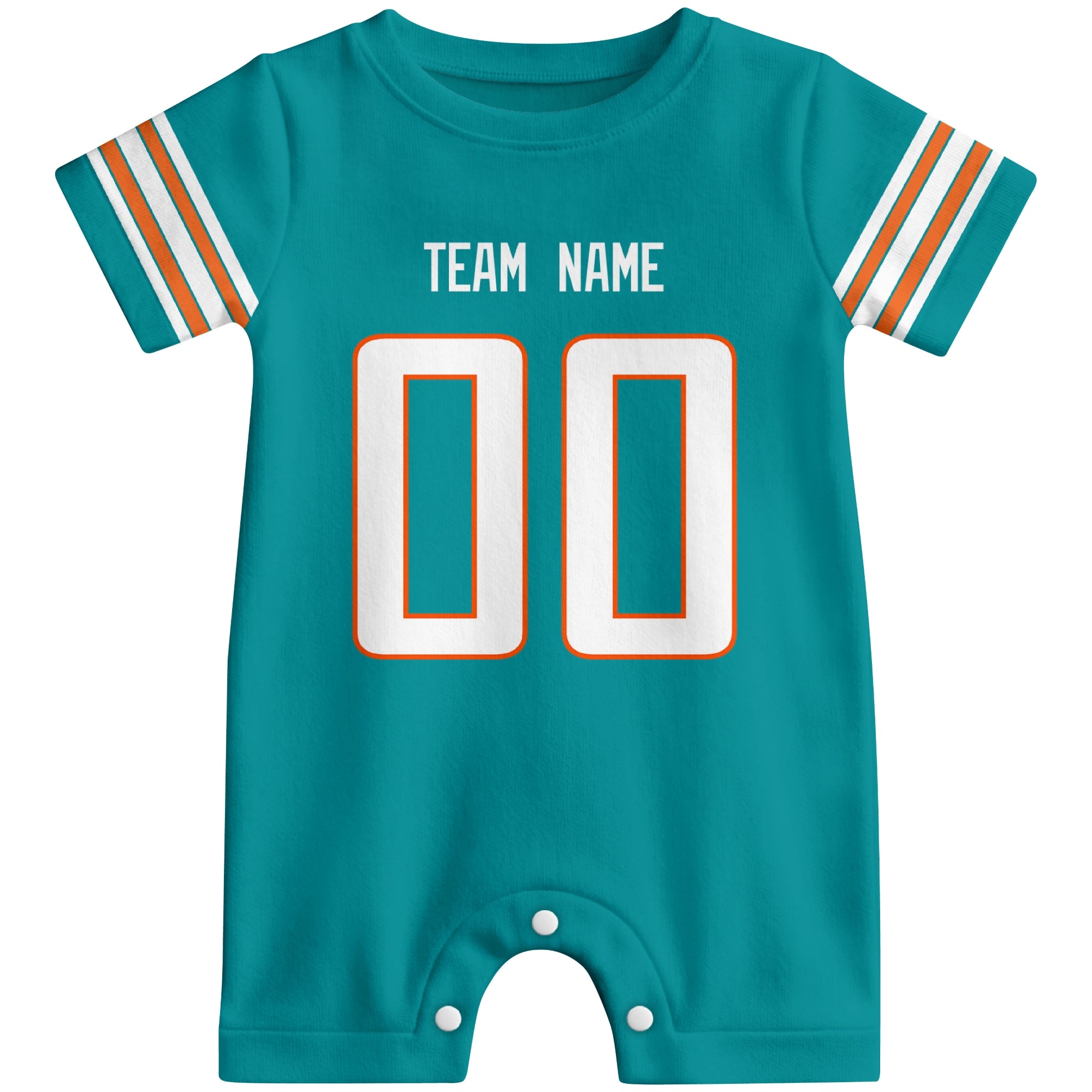 Front view of custom football-style baby onesie in Aqua personalized with team name and number