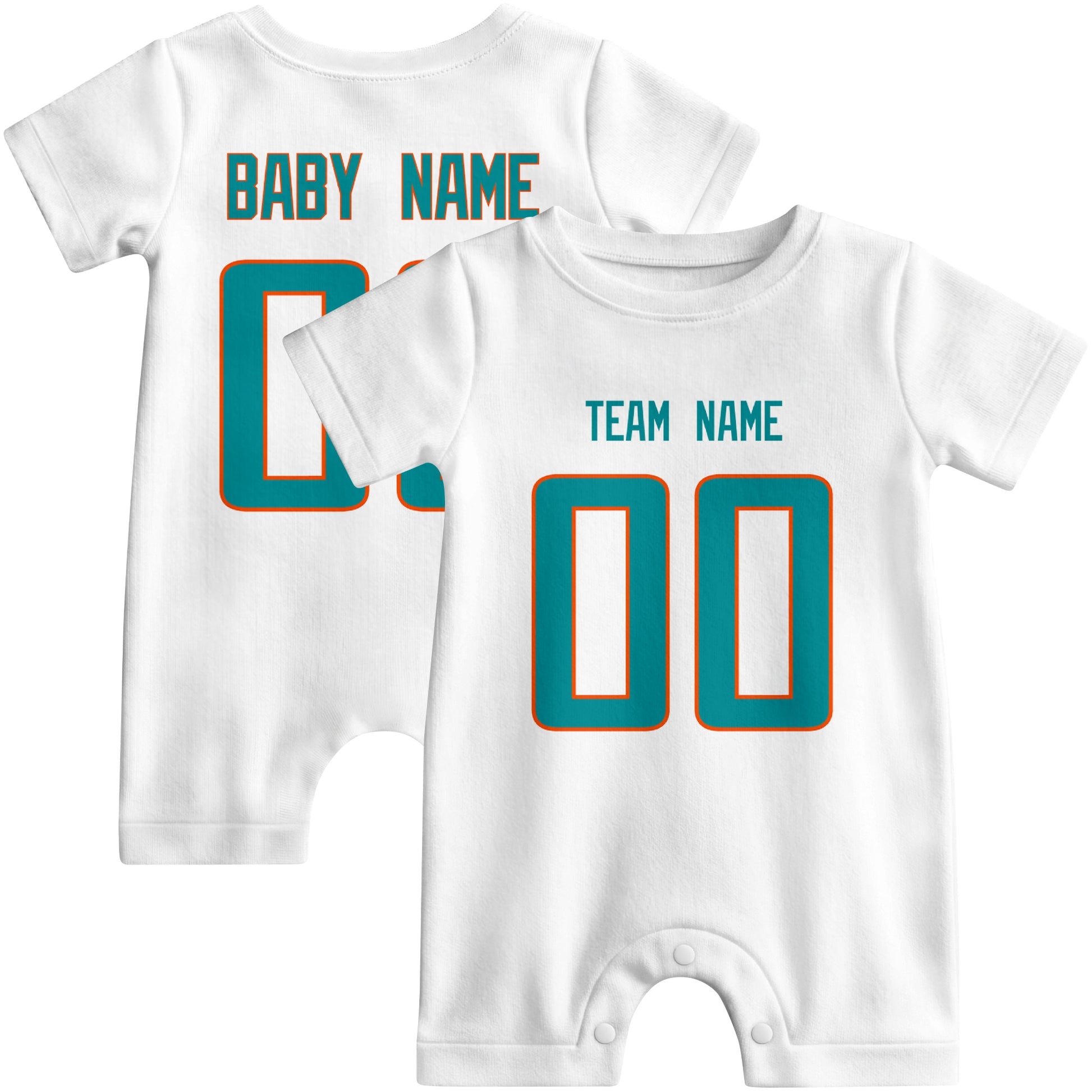 Front and back views of custom football-style baby onesie in White and Aqua colors with personalized details