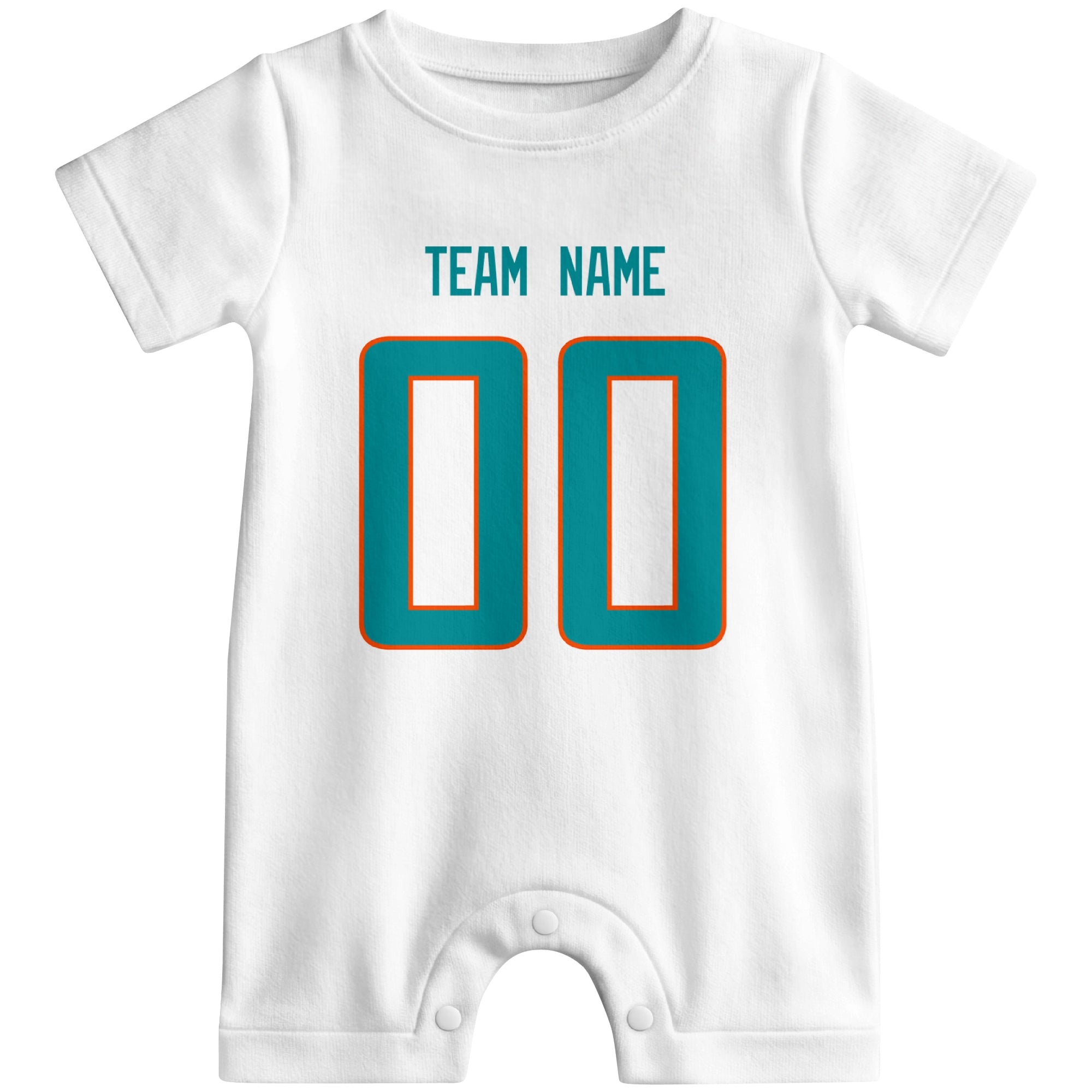 Front view of custom football-style baby onesie in White personalized with name and number