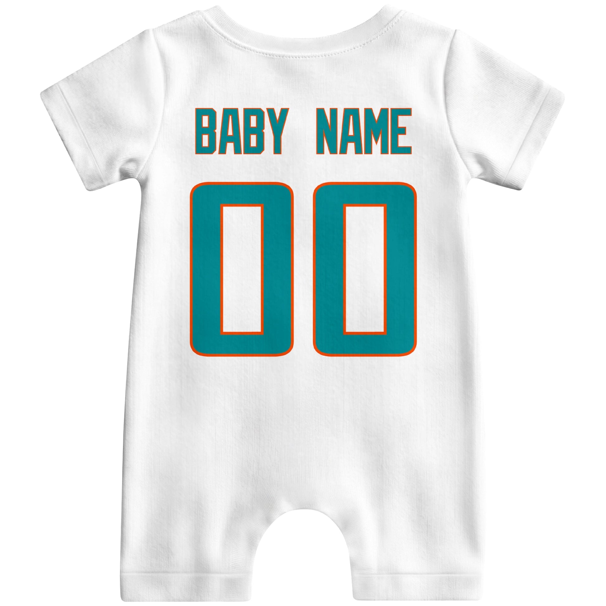 Back view of custom football-style baby onesie in White personalized with name and number