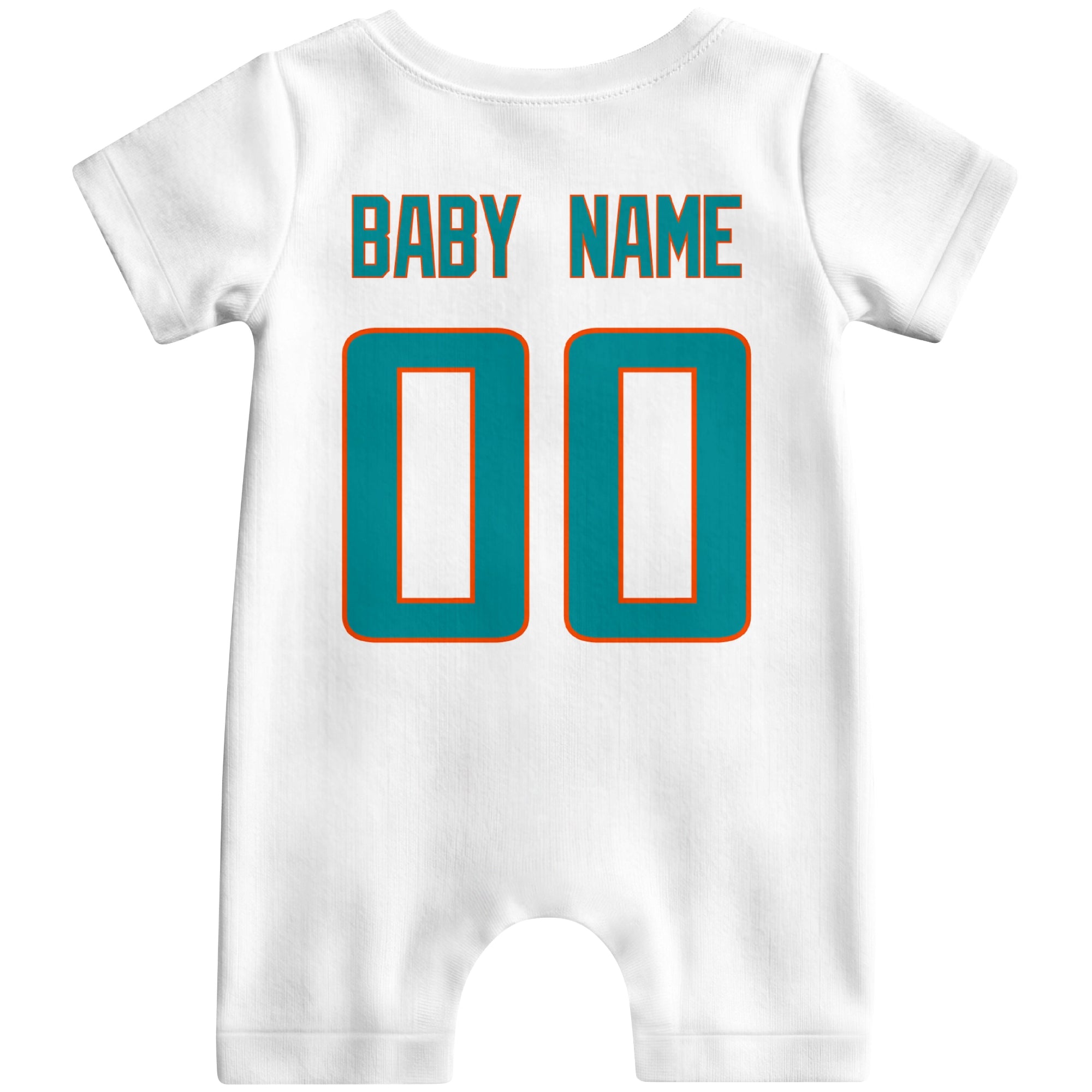 Back view of custom football-style baby onesie in White personalized with name and number