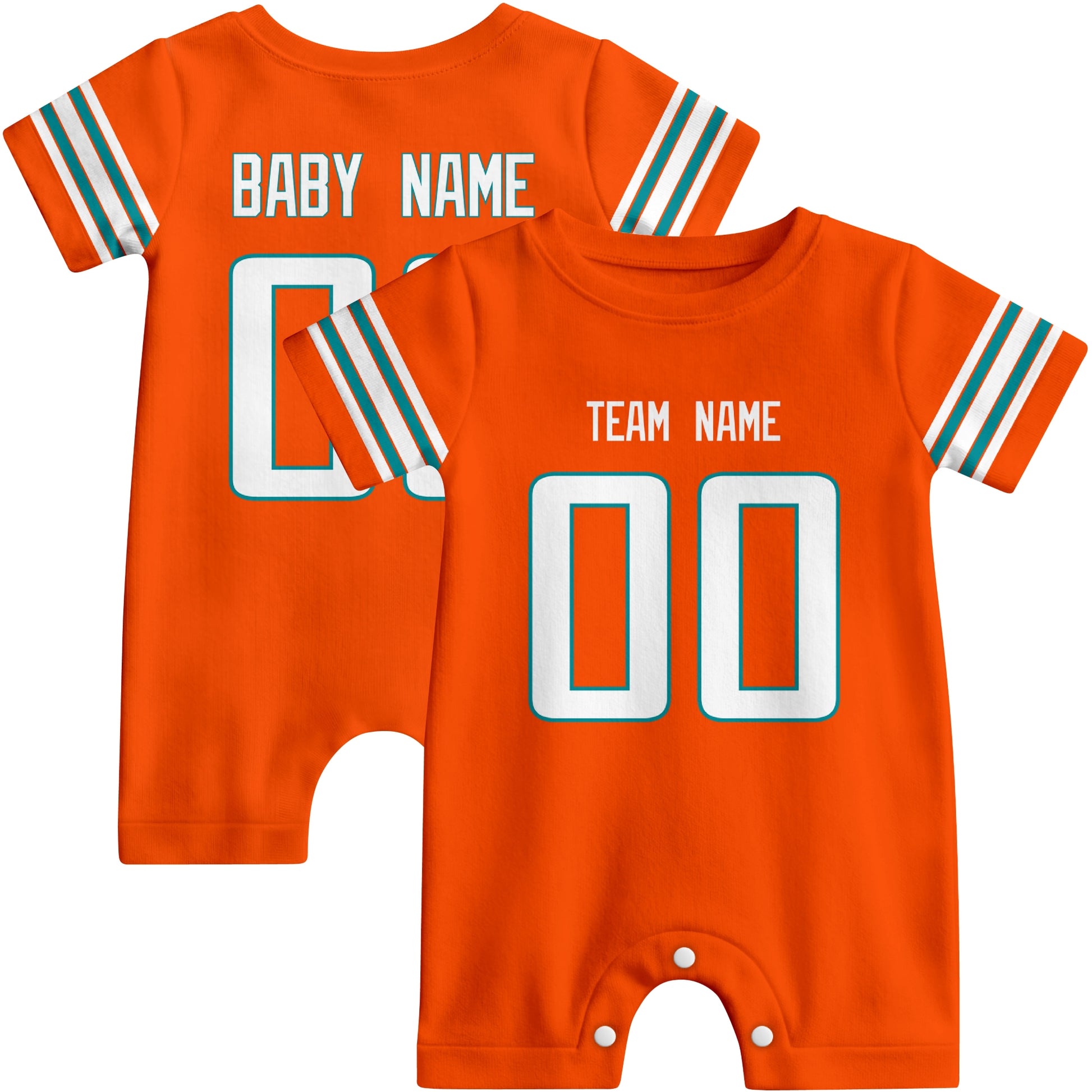 Front and back views of custom football-style baby onesie in Orange and Aqua colors with personalized details