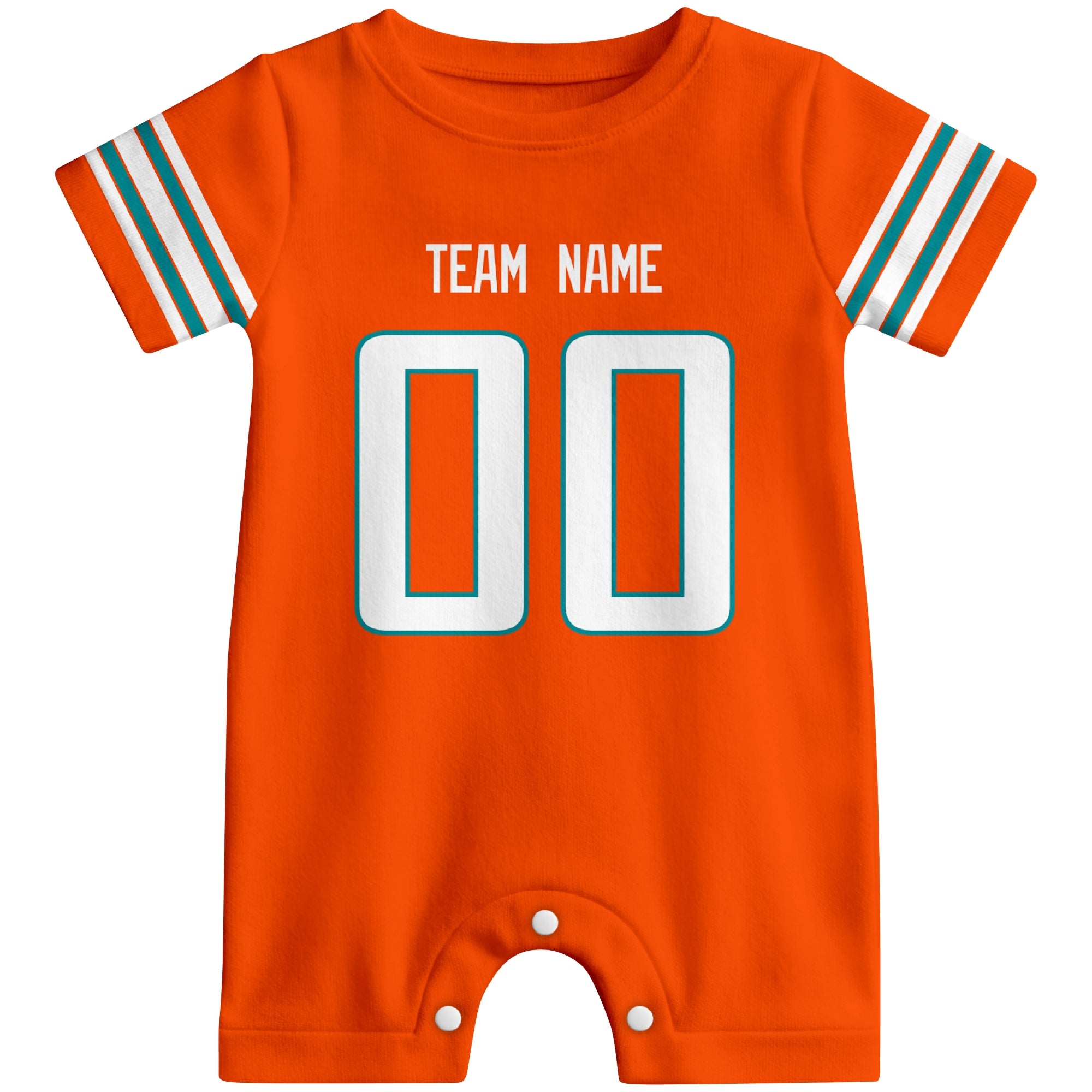 Front view of custom football-style baby onesie in Orange personalized with name and number