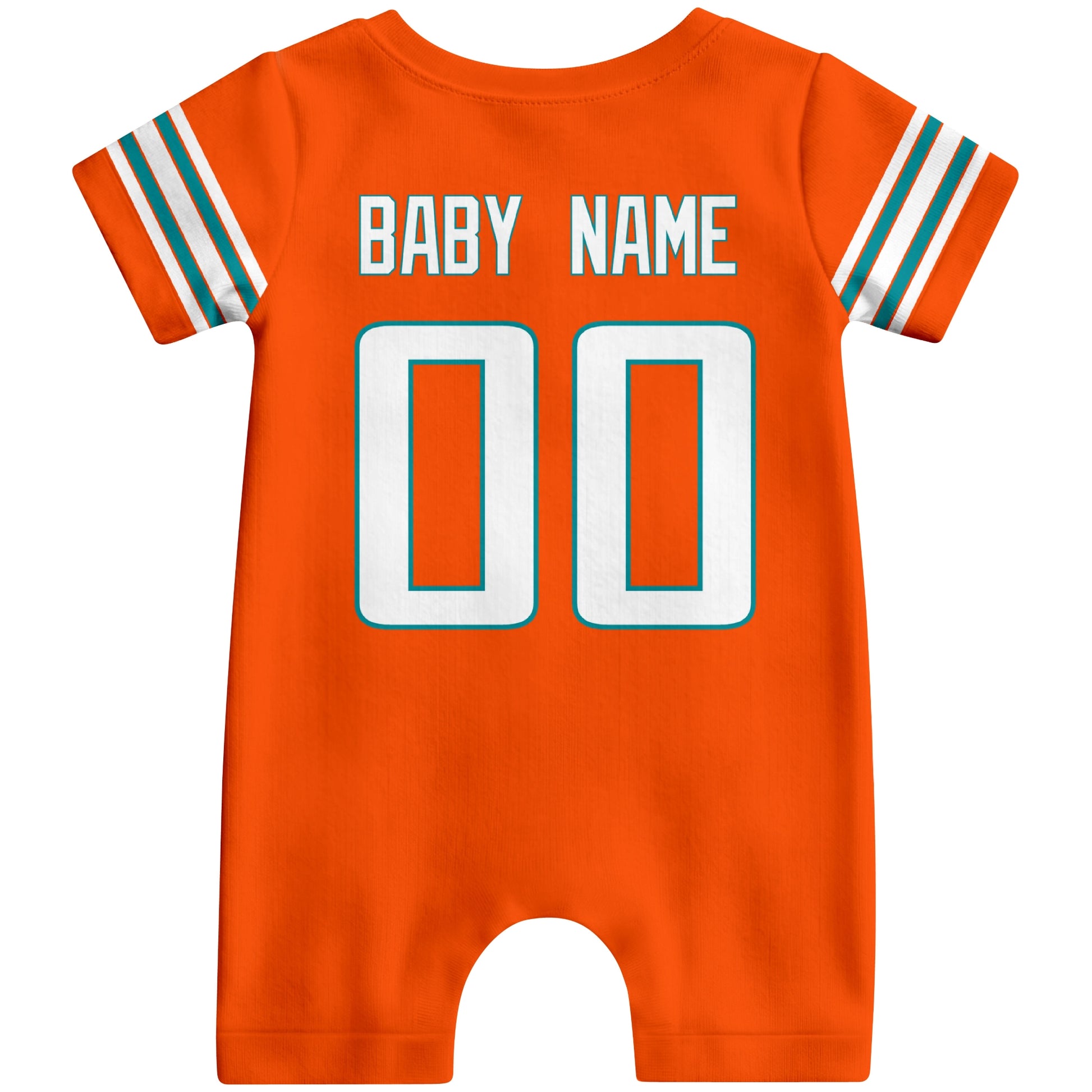 Back view of custom football-style baby onesie in Orange personalized with name and number