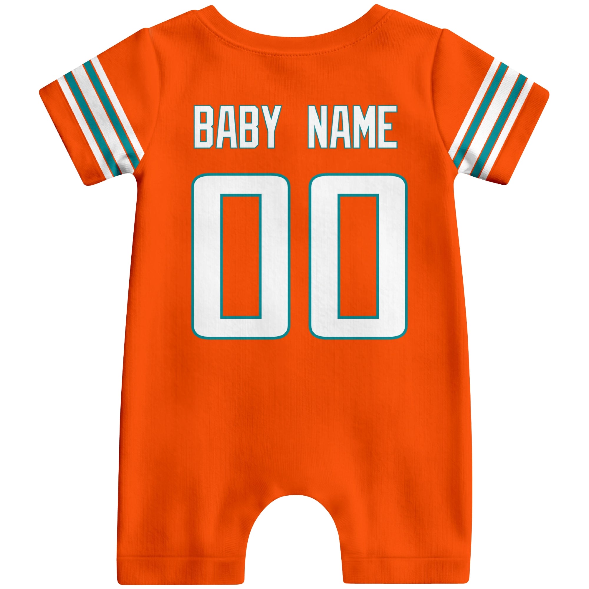 Back view of custom football-style baby onesie in Orange personalized with name and number