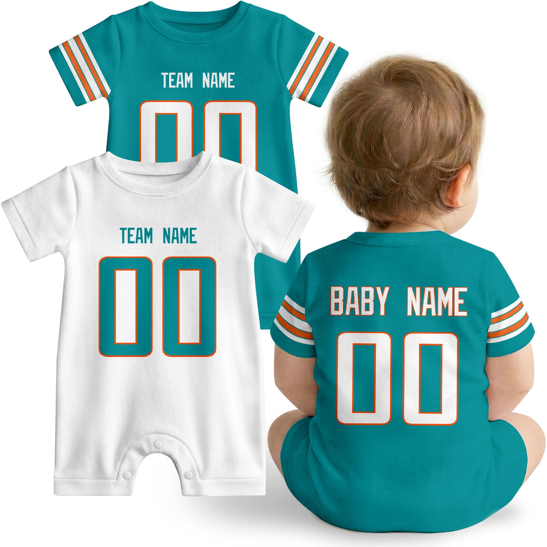 Baby wearing custom football-style onesie in Aqua, White, and Orange with personalized name and number