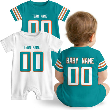 Baby wearing custom football-style onesie in Aqua, White, and Orange with personalized name and number