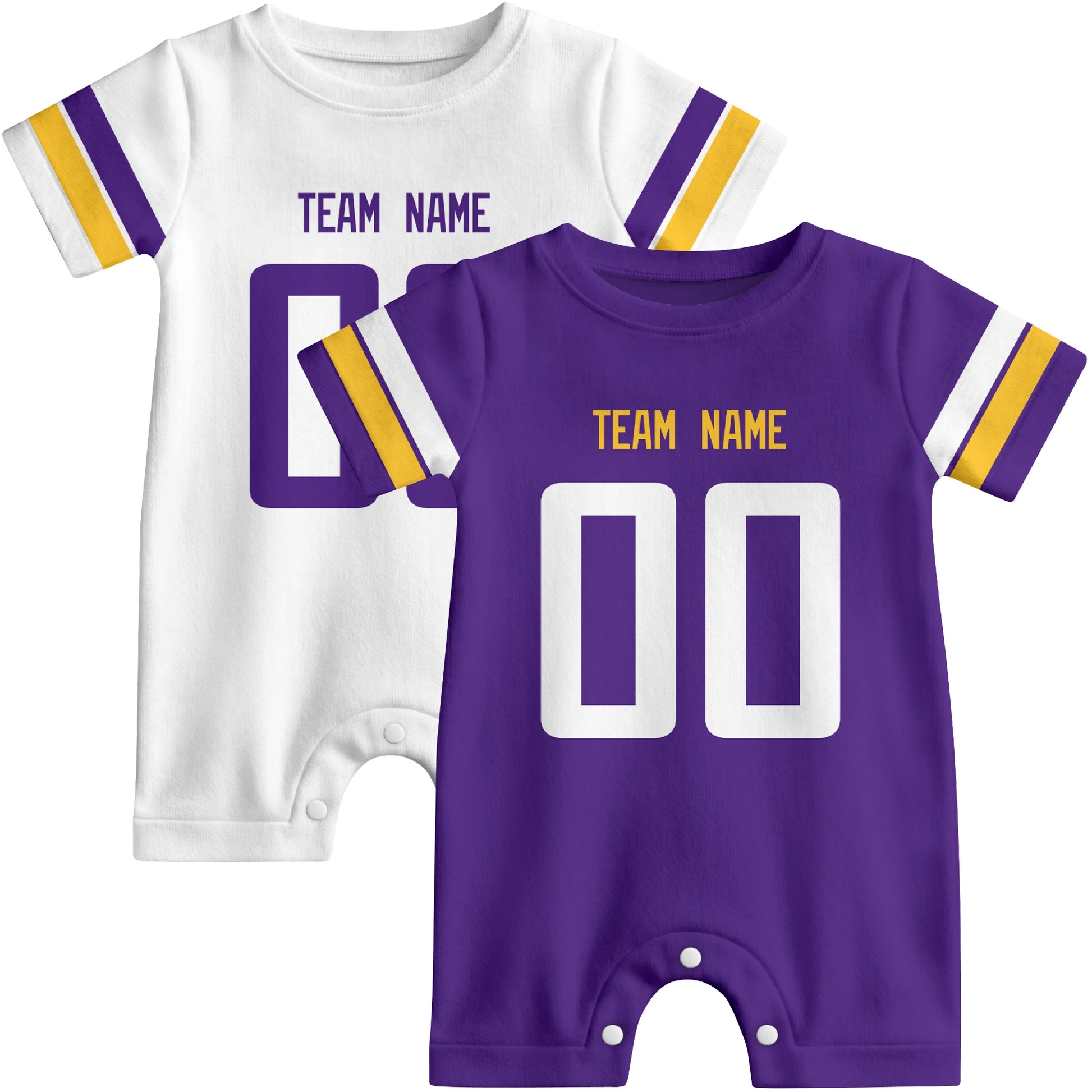 Custom football-style baby onesie color options in Purple and White