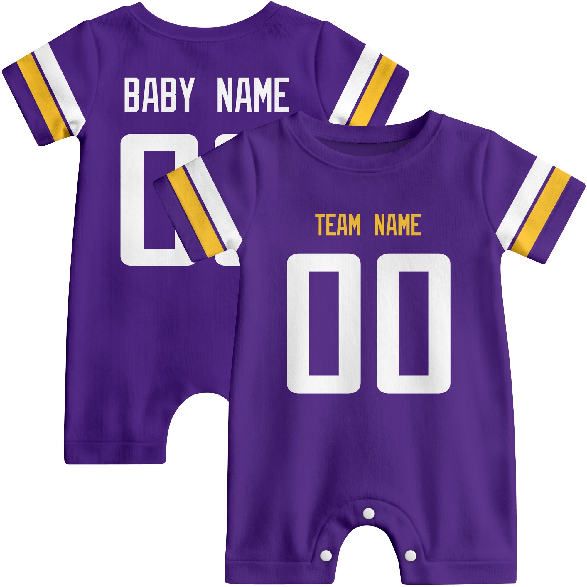 Front and back views of custom football-style baby onesie in Purple and White colors with personalized details