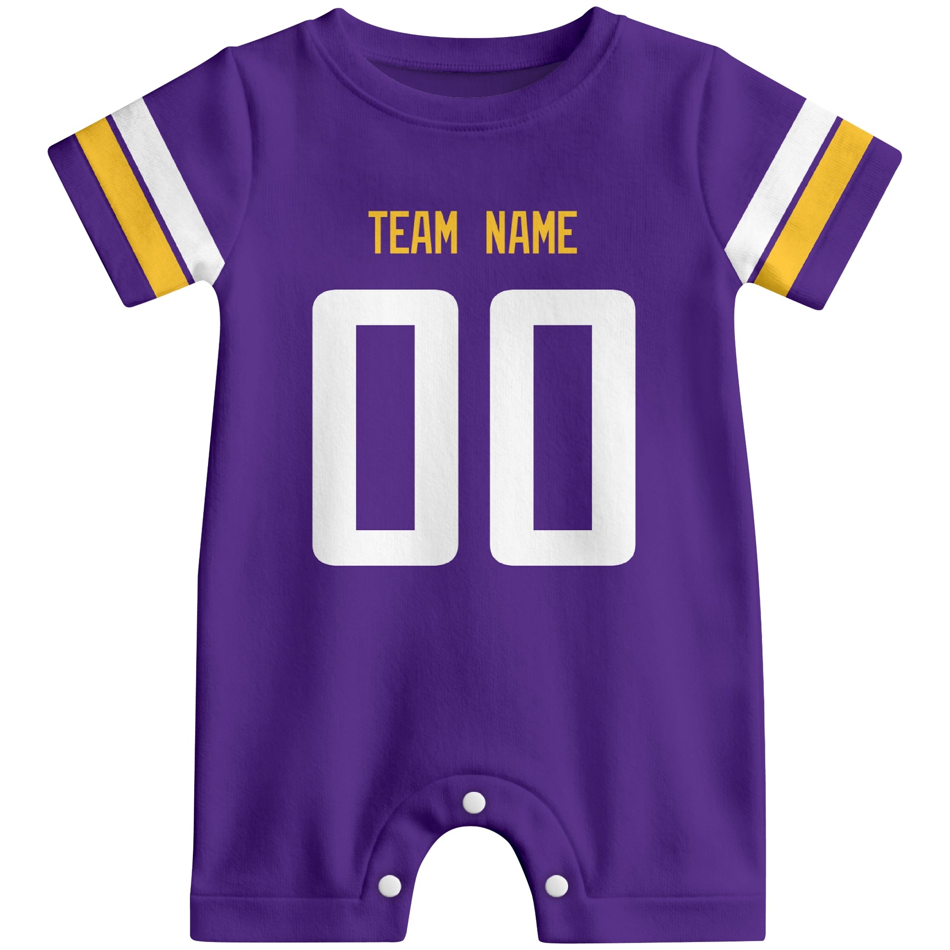 Front view of custom football-style baby onesie in Purple personalized with team name and number