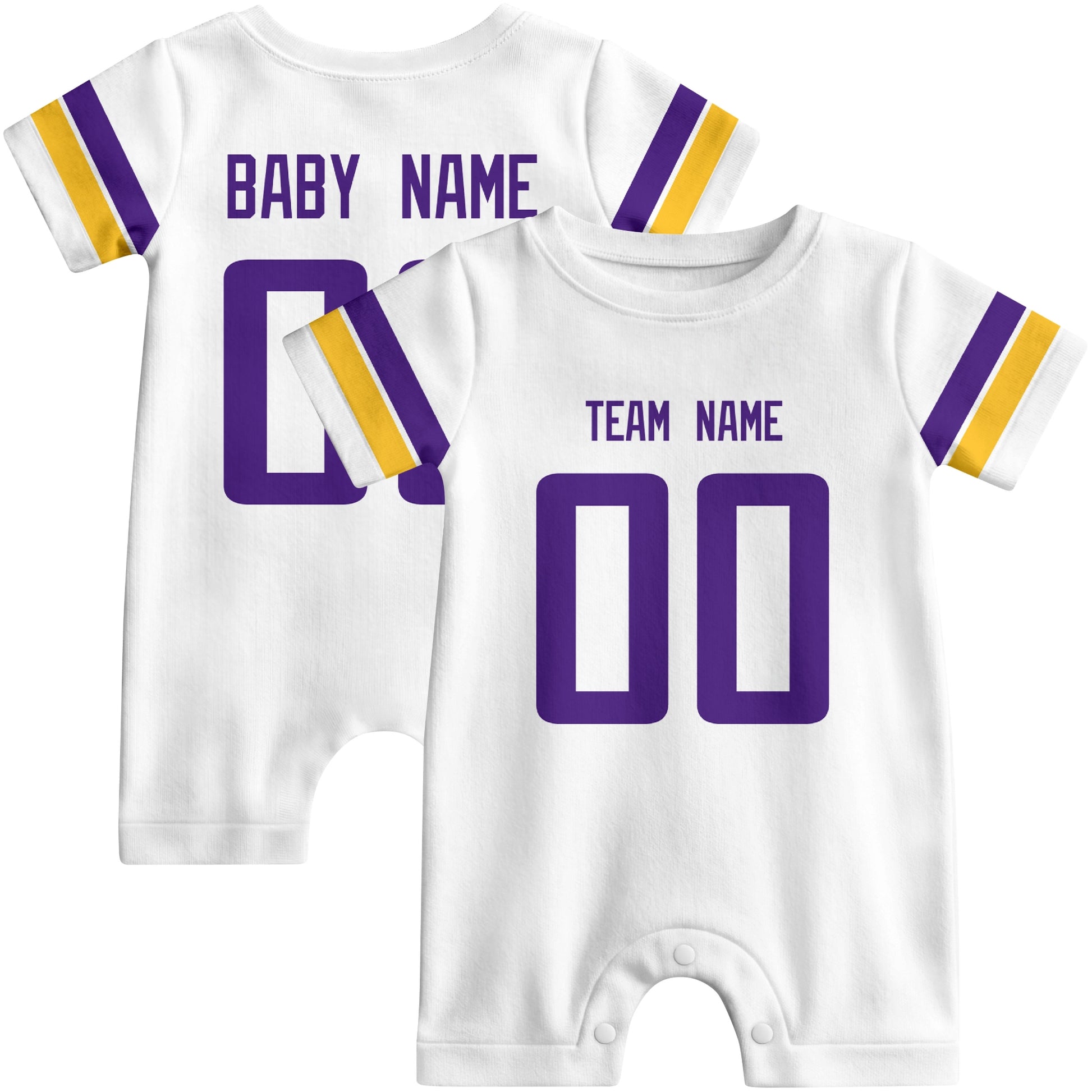 Front and back views of custom football-style baby onesie in White and Purple colors with personalized details