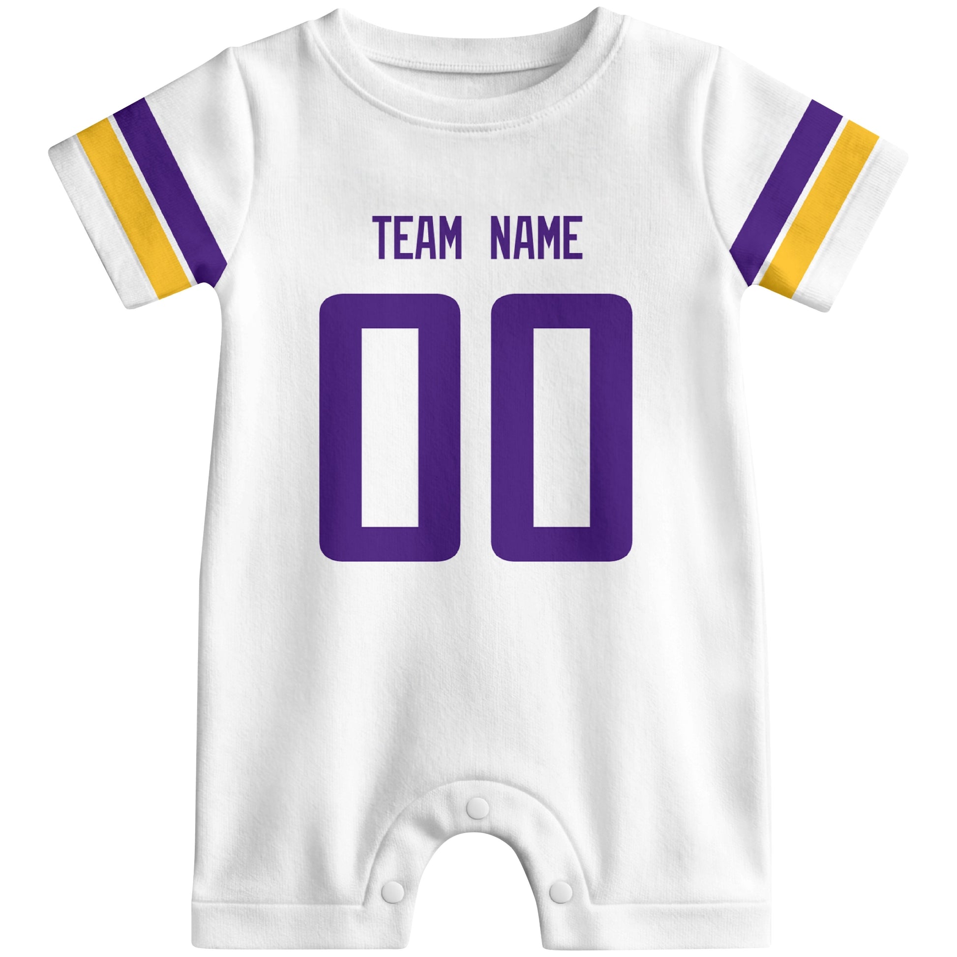 Front view of custom football-style baby onesie in White personalized with name and number
