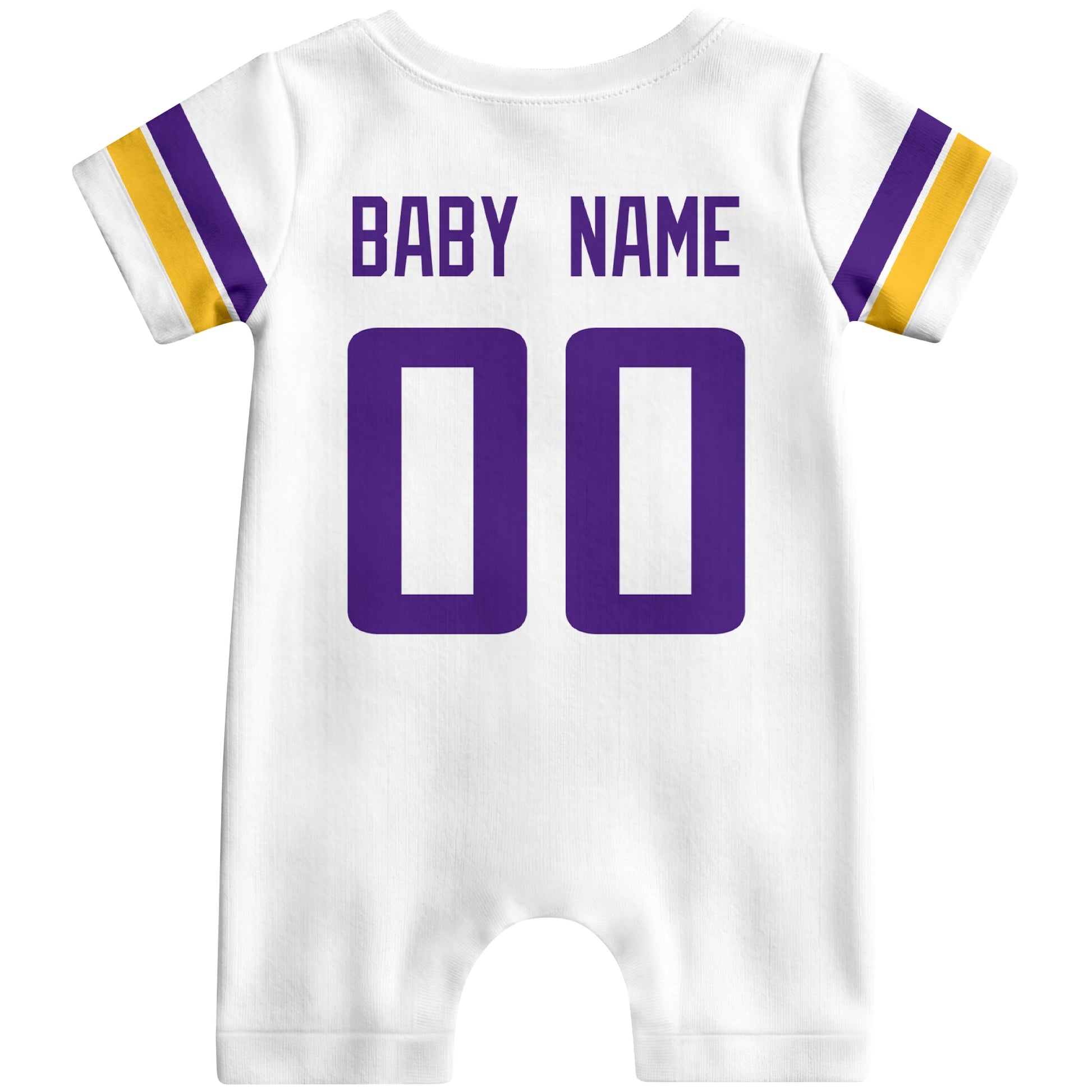 Back view of custom football-style baby onesie in White personalized with name and number