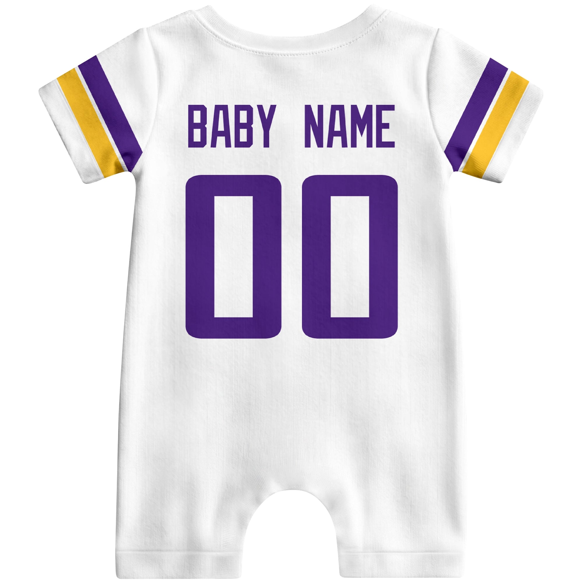 Back view of custom football-style baby onesie in White personalized with name and number