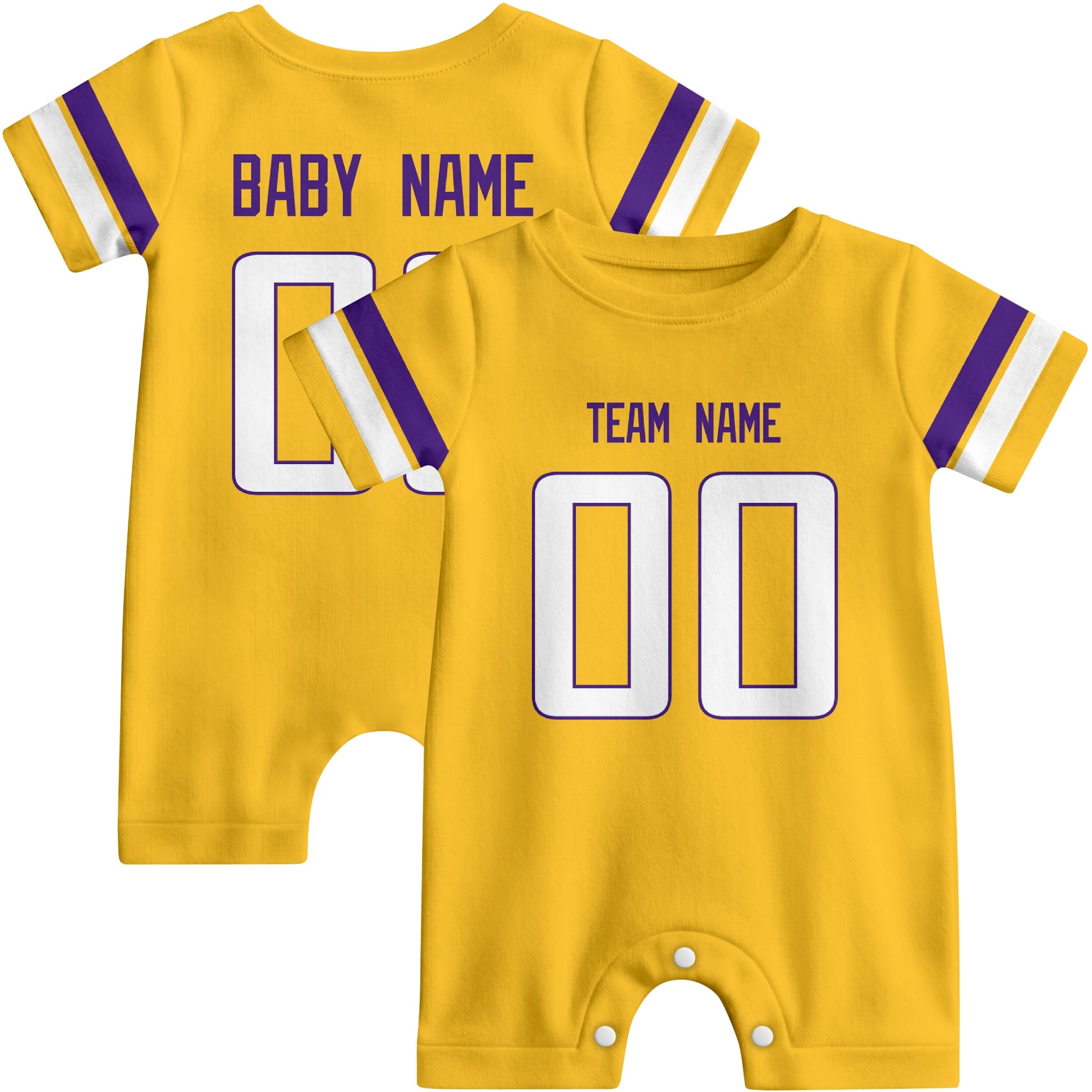 Front and back views of custom football-style baby onesie in Gold and Purple colors with personalized details