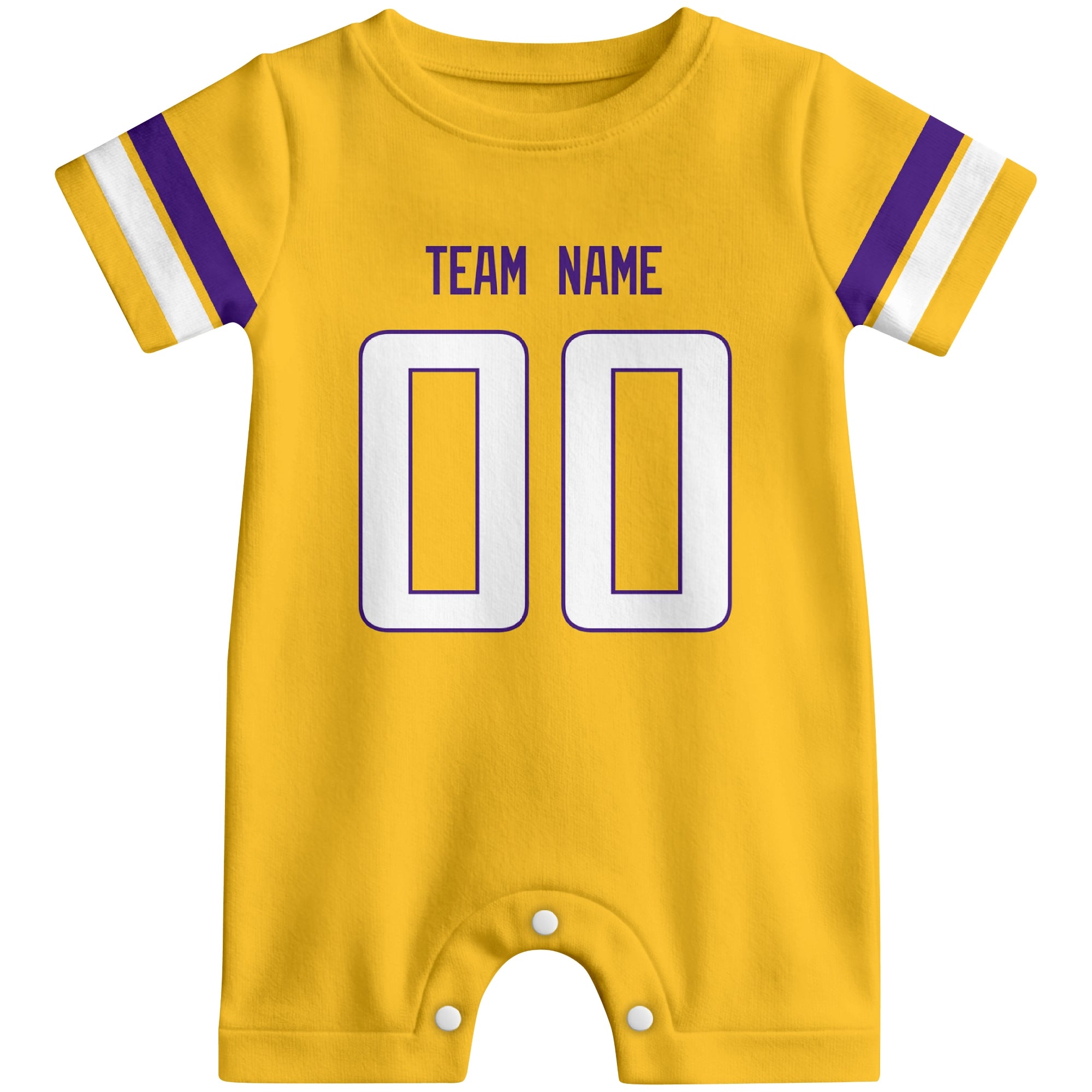 Front view of custom football-style baby onesie in Gold personalized with name and number