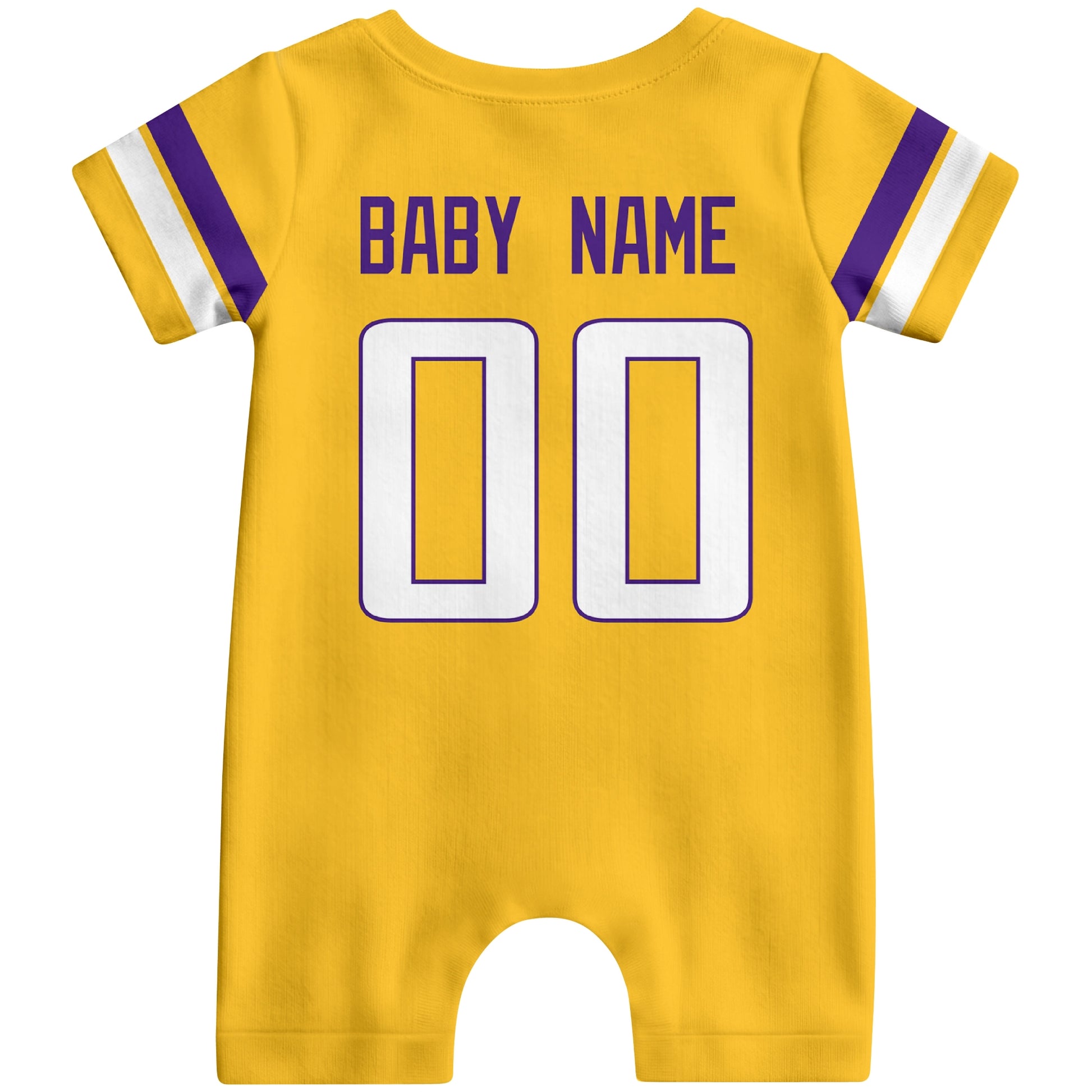 Back view of custom football-style baby onesie in Gold personalized with name and number