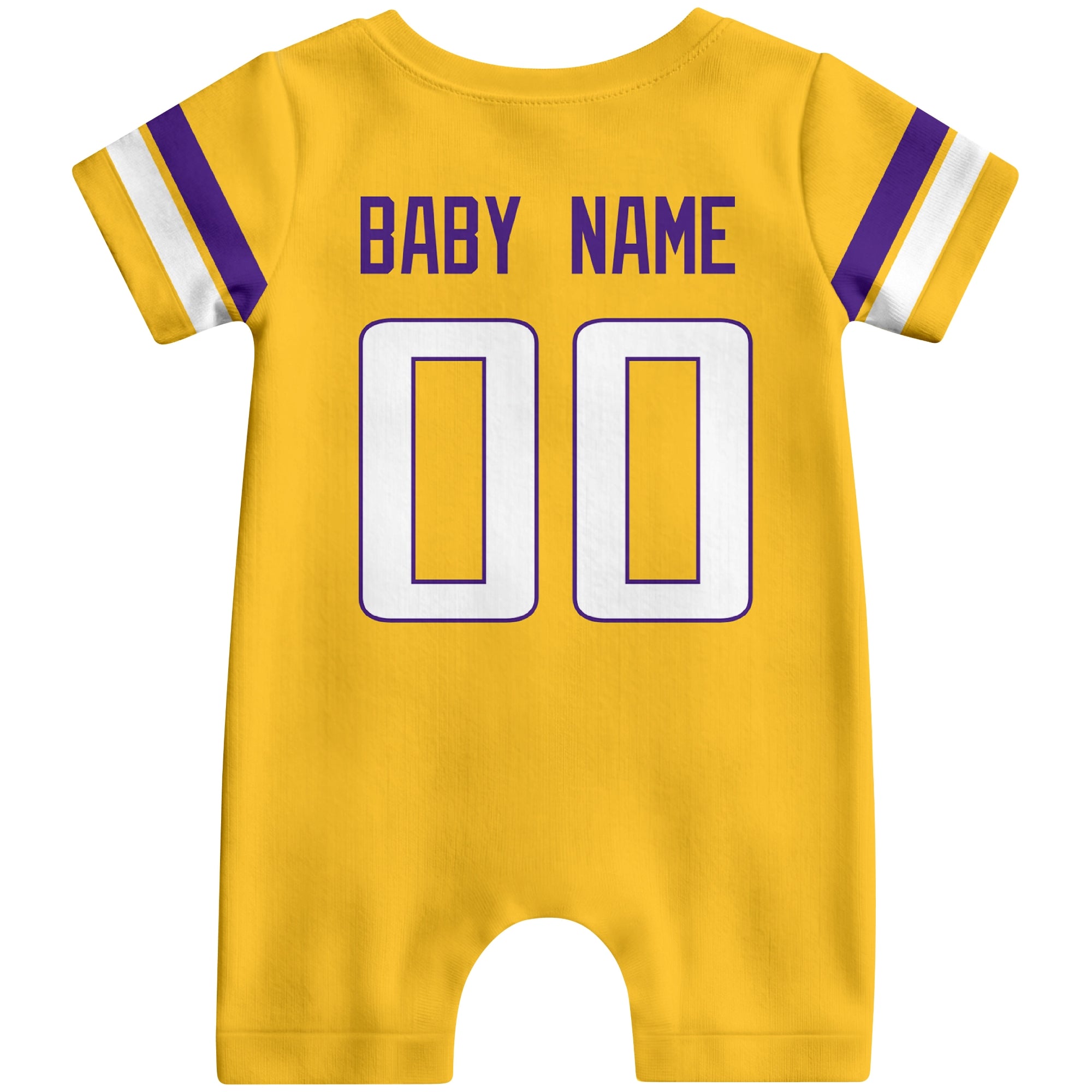 Back view of custom football-style baby onesie in Gold personalized with name and number