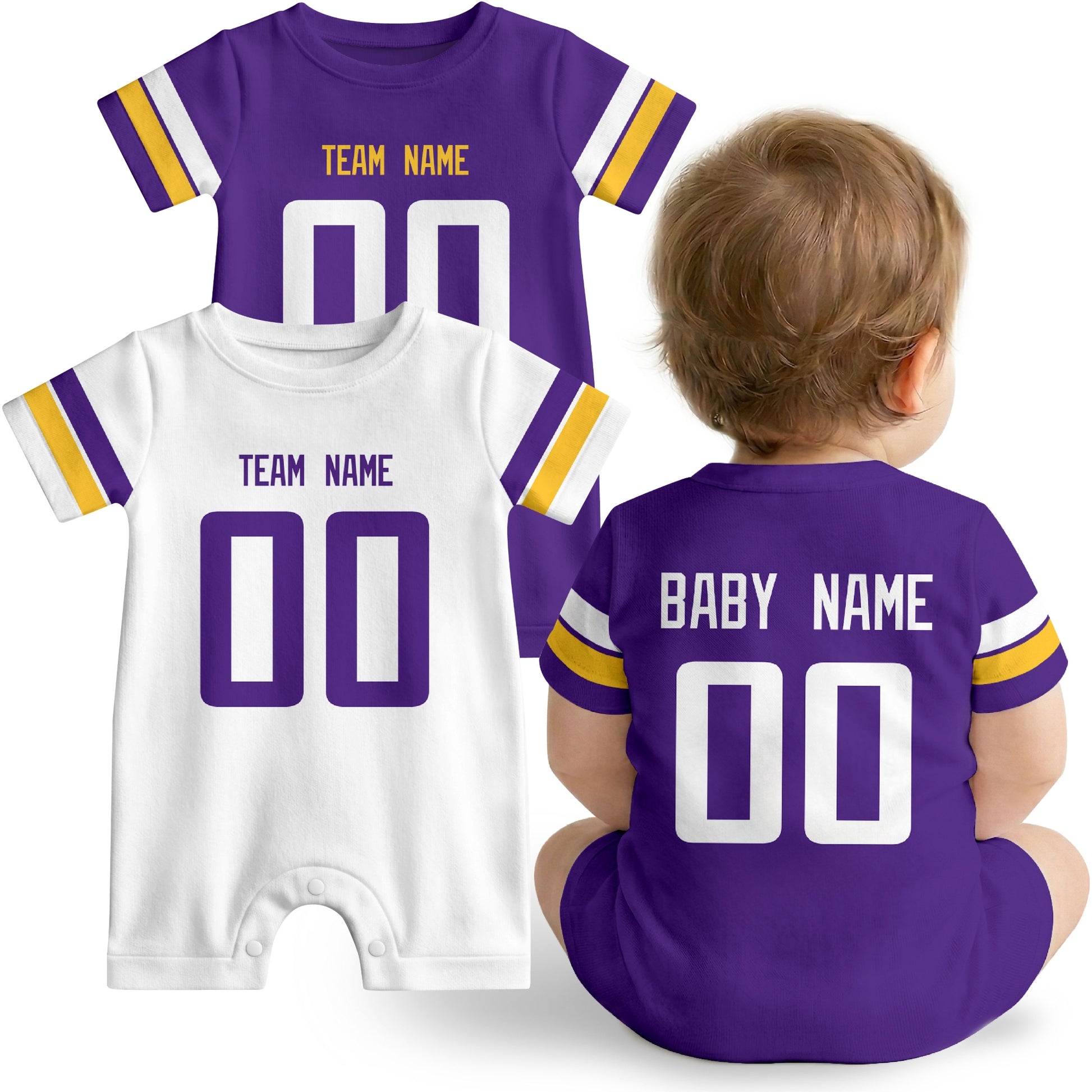 Baby wearing custom football-style onesie in Purple, White, and Gold with personalized name and number