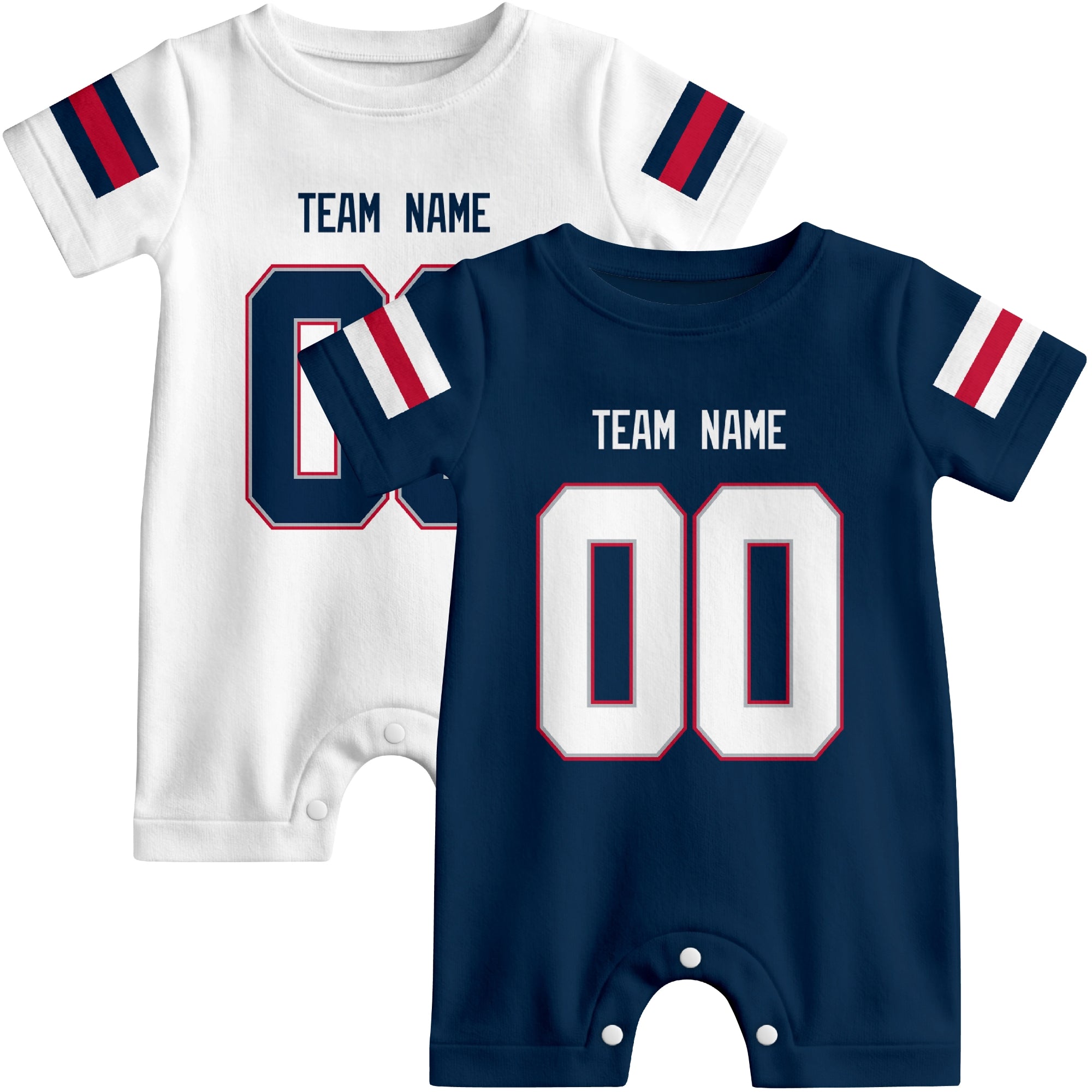Custom football-style baby onesie color options in Navy and White