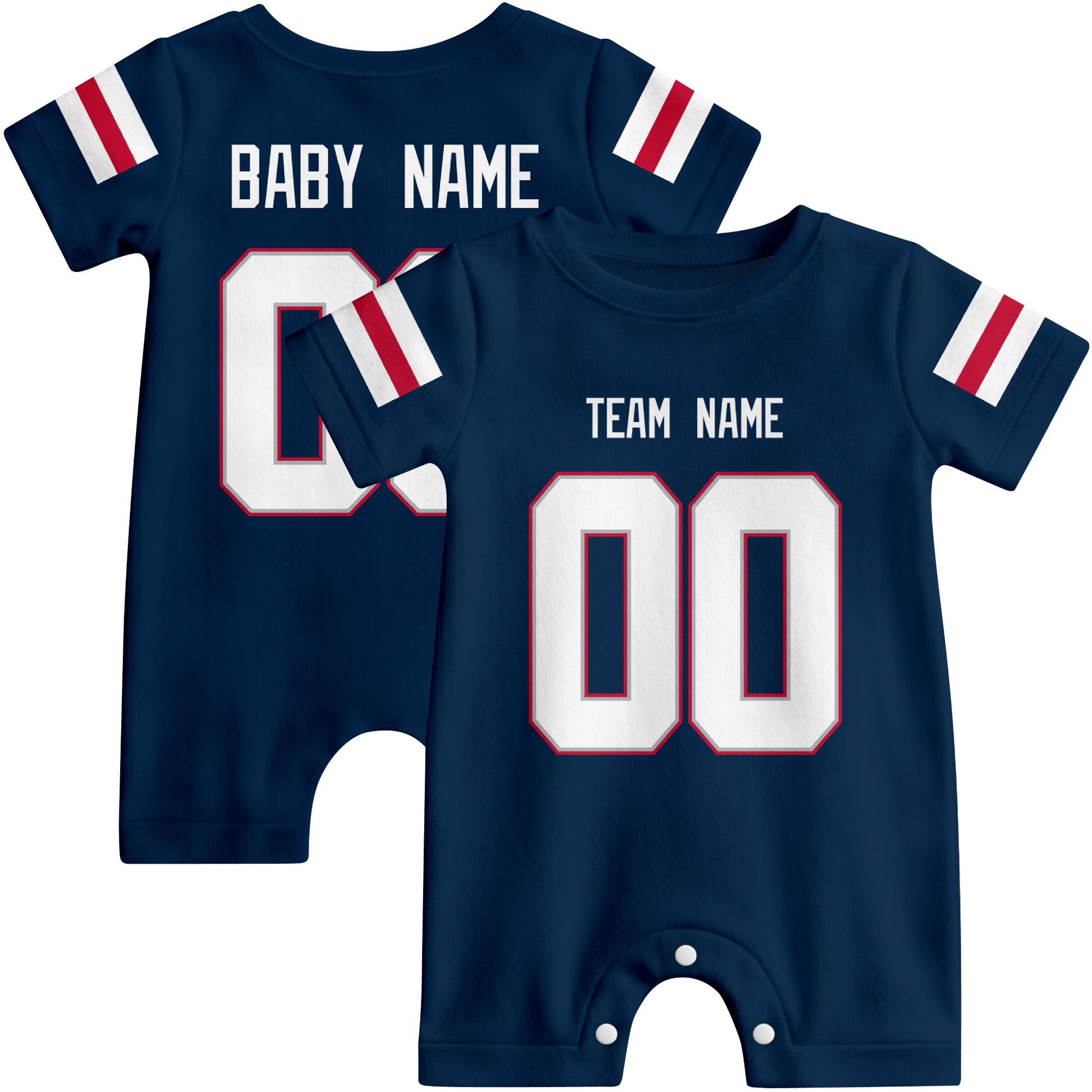 Front and back views of custom football-style baby onesie in Navy and White colors with personalized details