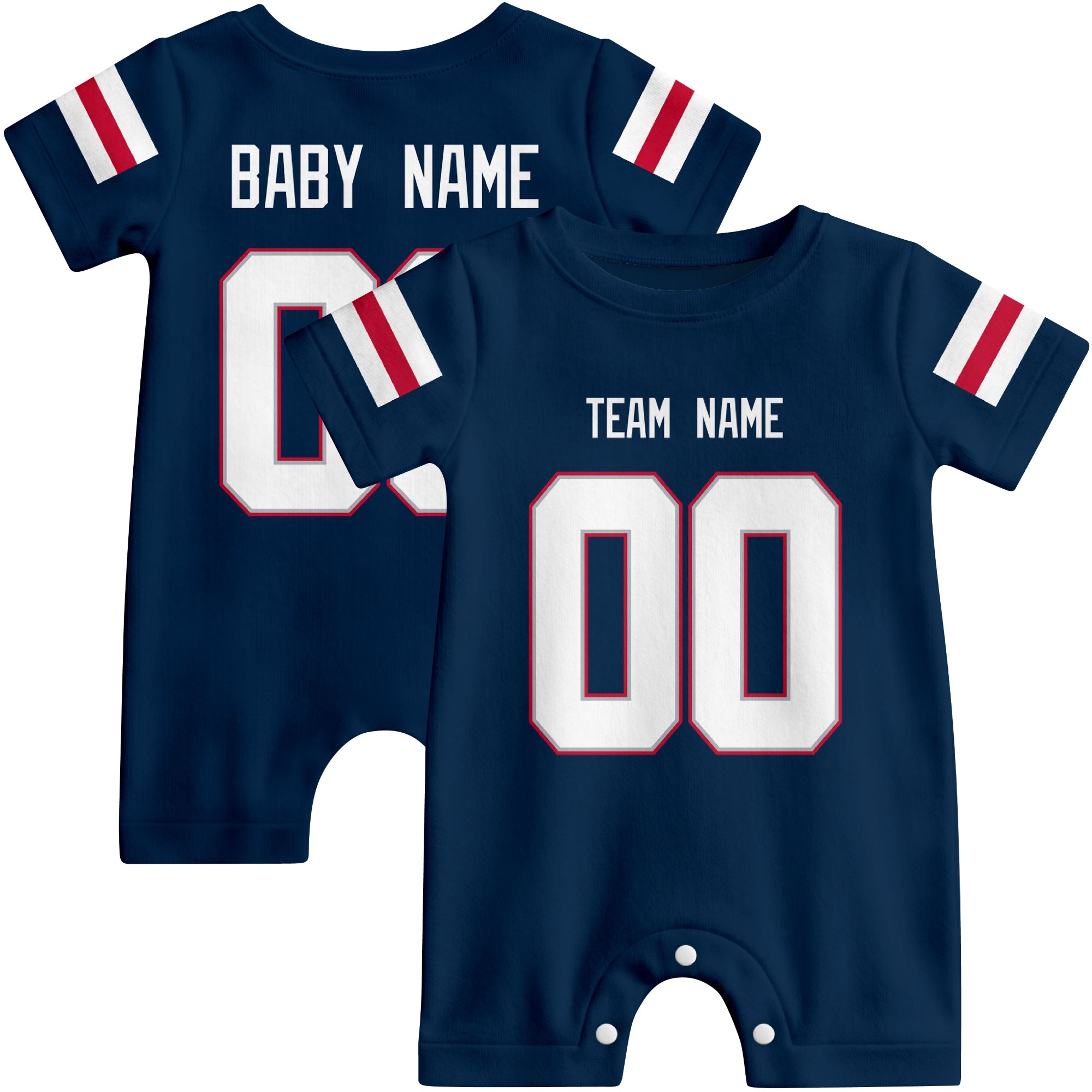 Front and back views of custom football-style baby onesie in Navy and White colors with personalized details