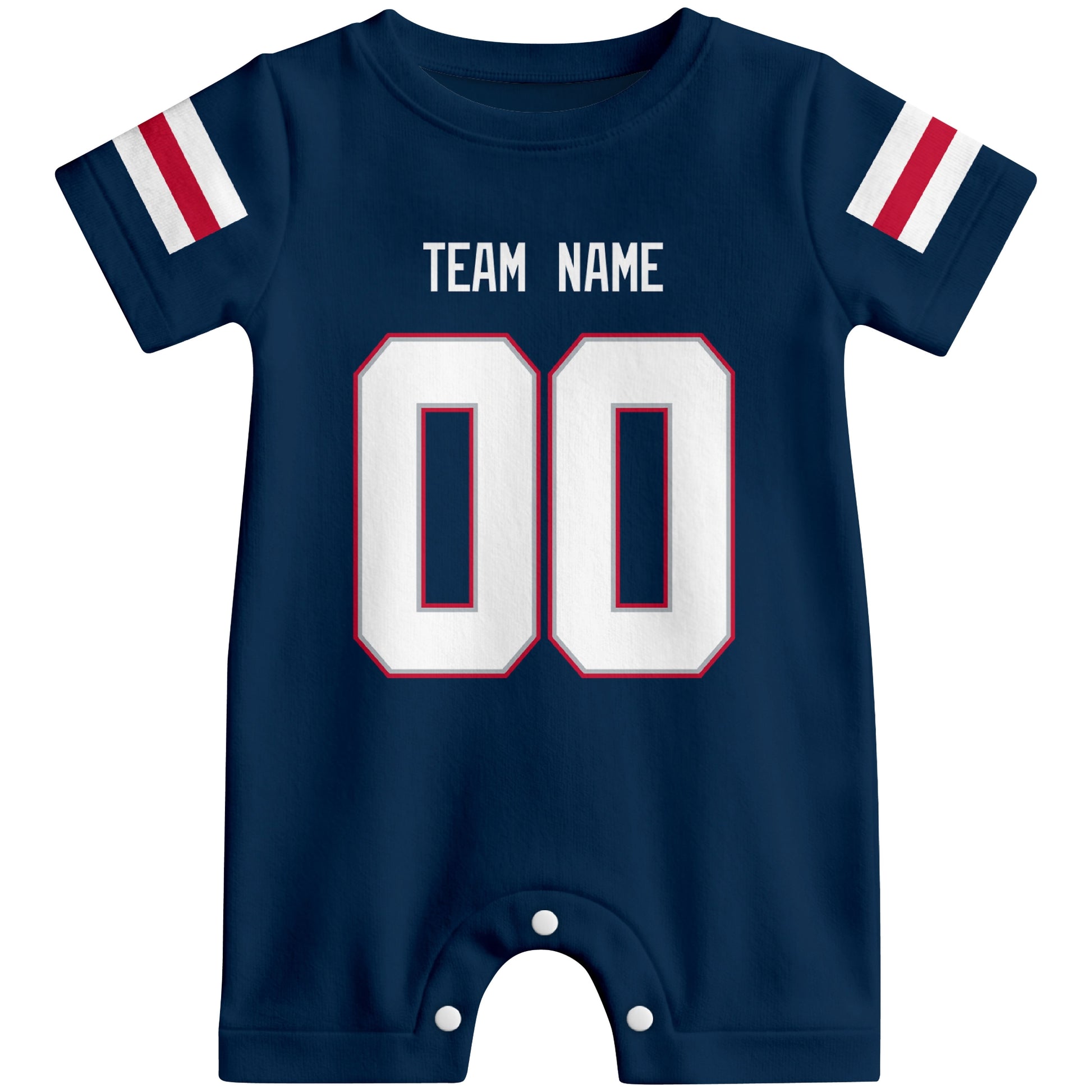 Front view of custom football-style baby onesie in Navy personalized with team name and number
