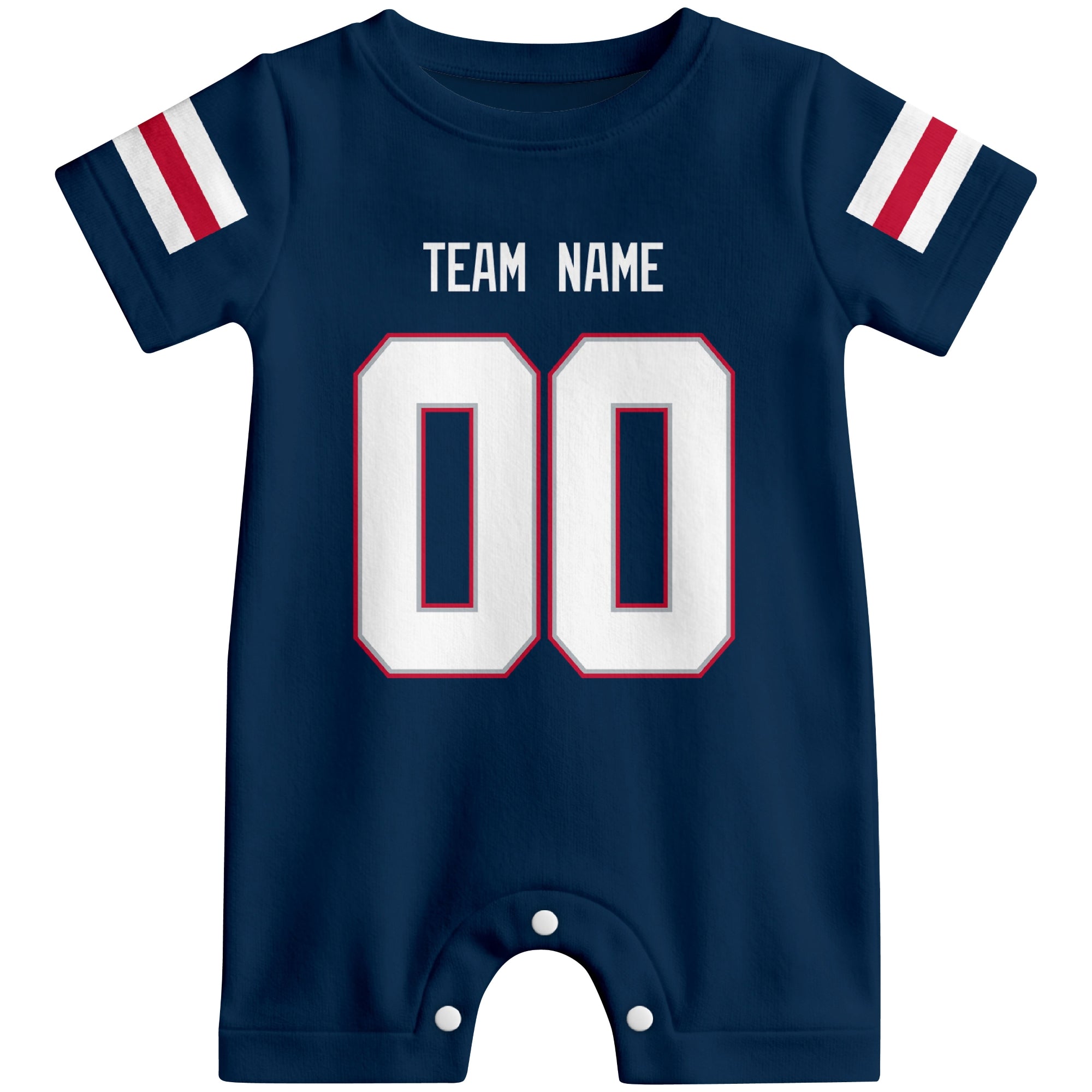 Front view of custom football-style baby onesie in Navy personalized with team name and number