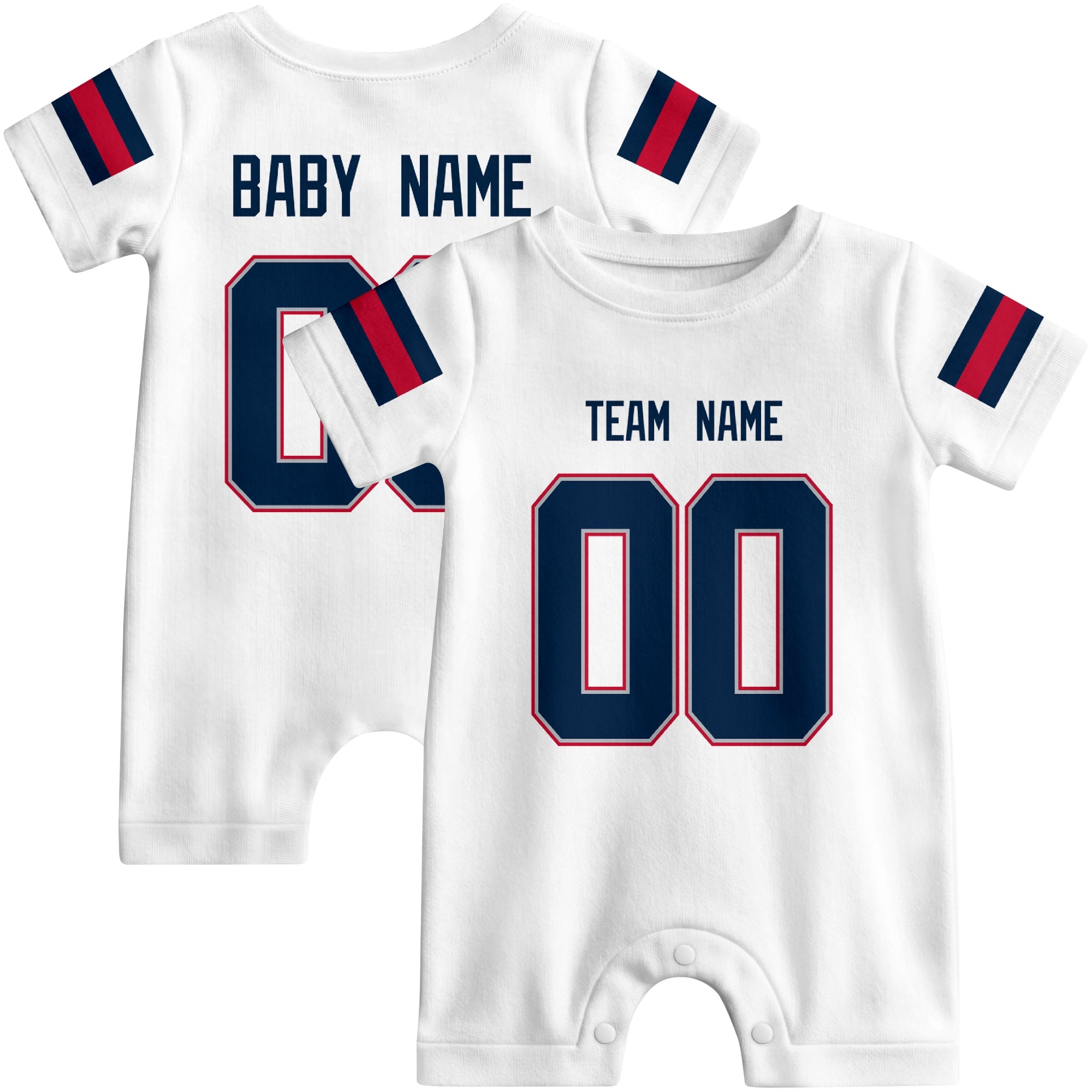 Front and back views of custom football-style baby onesie in White and Navy colors with personalized details