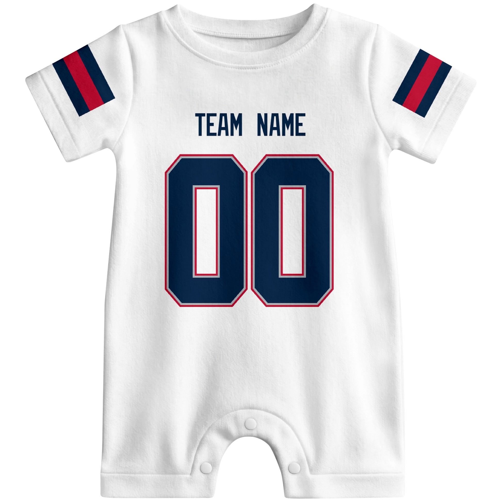 Front view of custom football-style baby onesie in White personalized with name and number