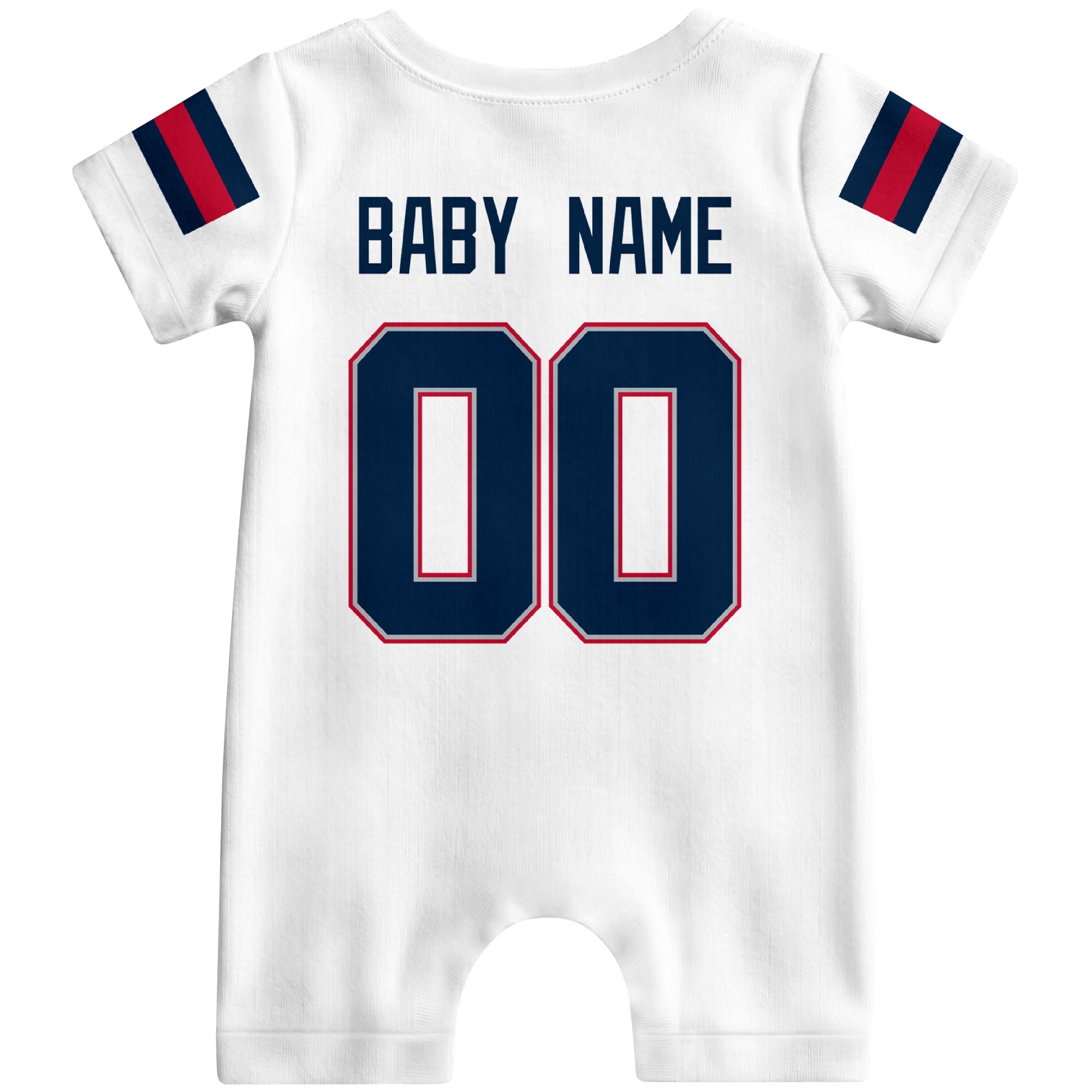 Back view of custom football-style baby onesie in White personalized with name and number
